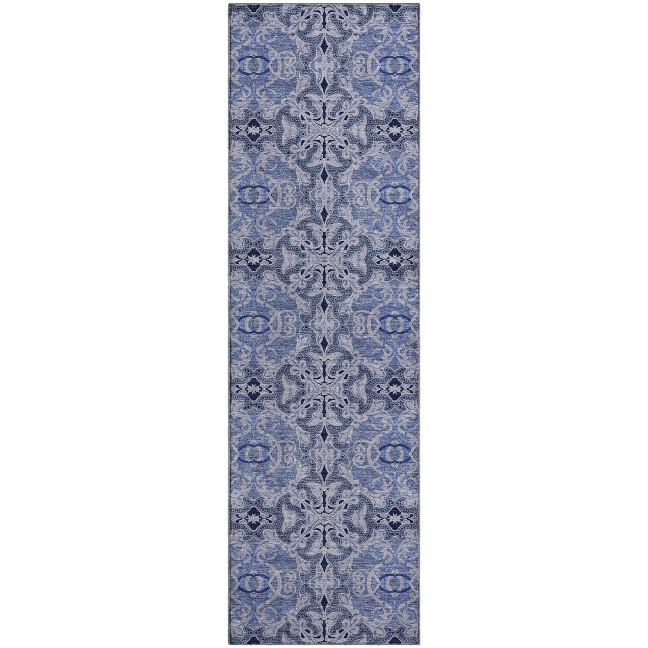 Seville Machine Washable Transitional Blue Rug 2'3" x 7'6" #shape_Runner