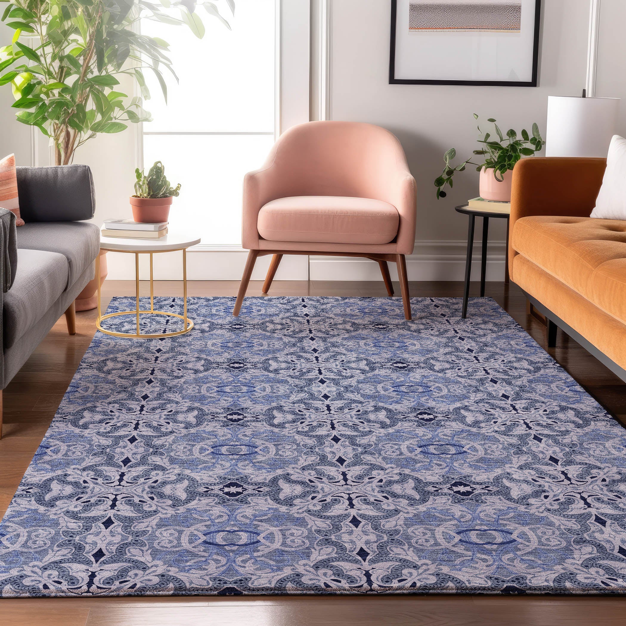 Seville Machine Washable Transitional Blue Rug 2'6" x 3'10" #shape_Rectangle