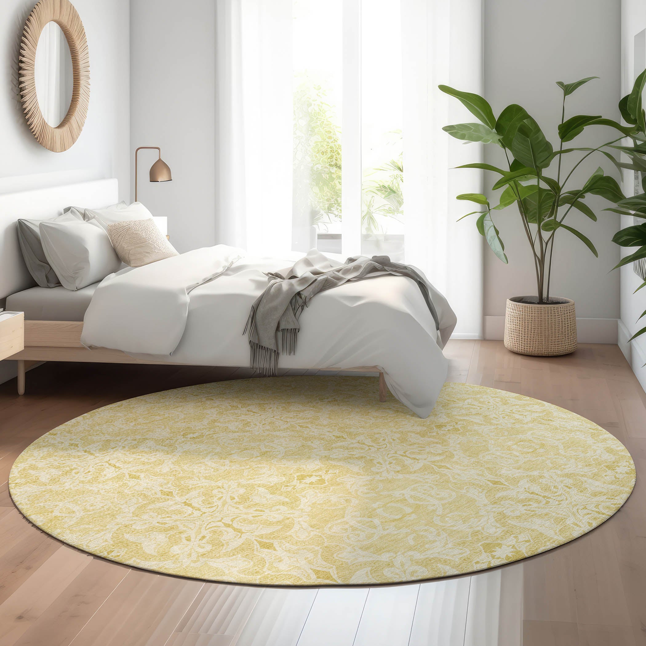 Kathmandu Machine Washable Transitional Gold Rug 8' x 8' #shape_Round