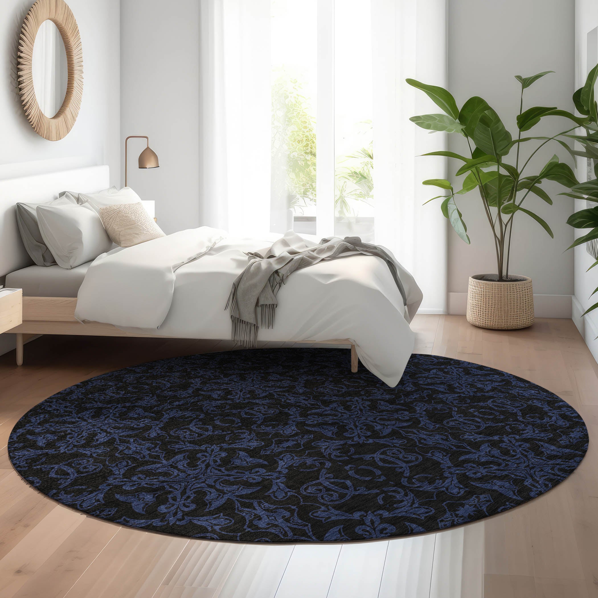 Rome Machine Washable Transitional Blue Rug 8' x 8' #shape_Round
