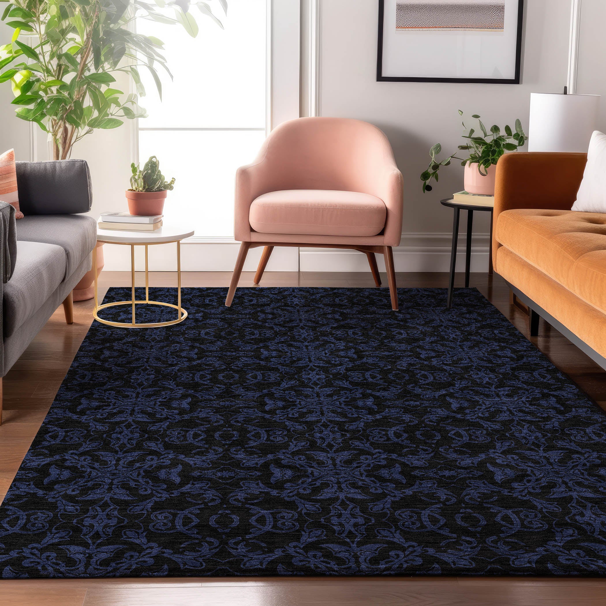 Rome Machine Washable Transitional Blue Rug 2'6" x 3'10" #shape_Rectangle