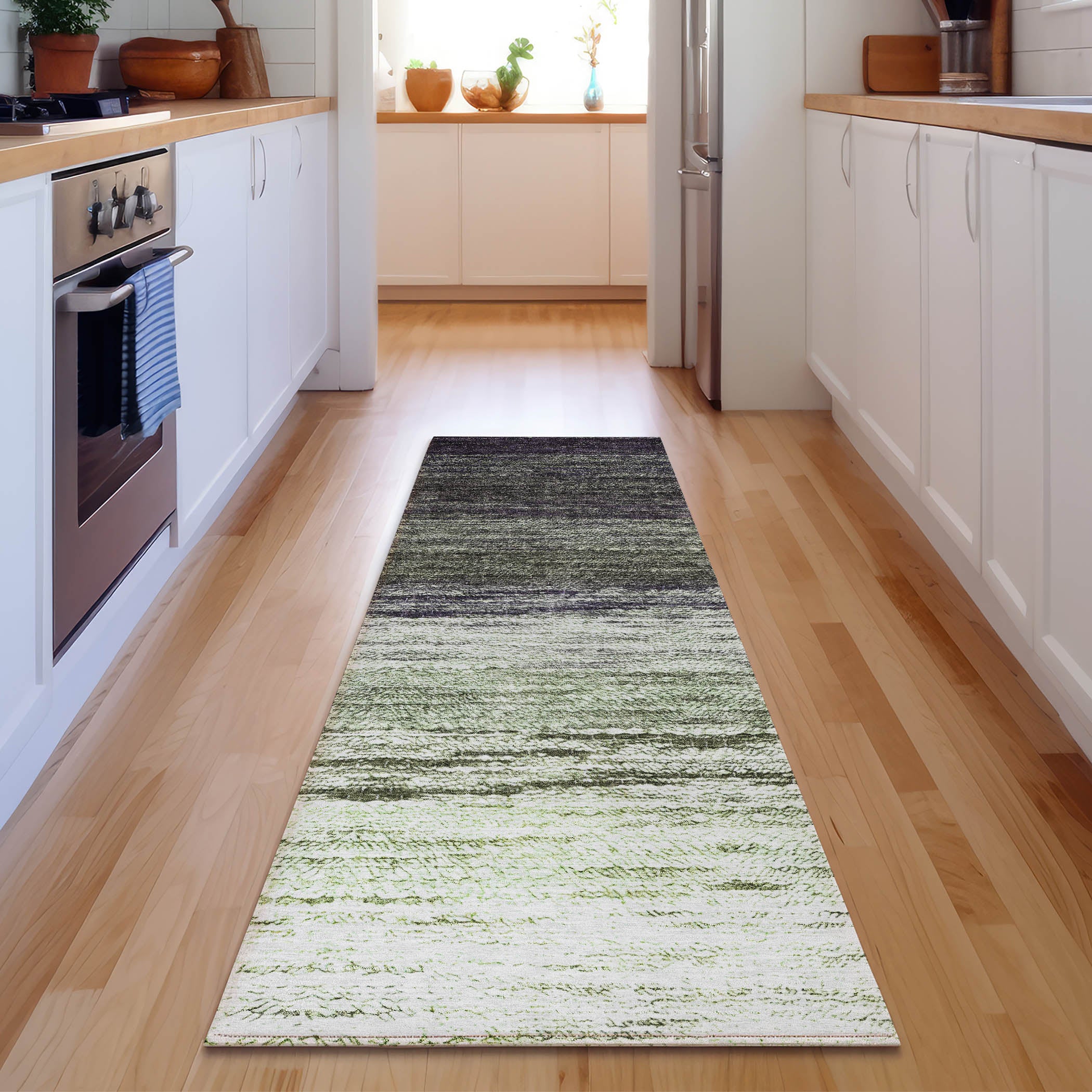 Colombo Machine Washable Transitional Green Rug 2'3" x 7'6" #shape_Runner