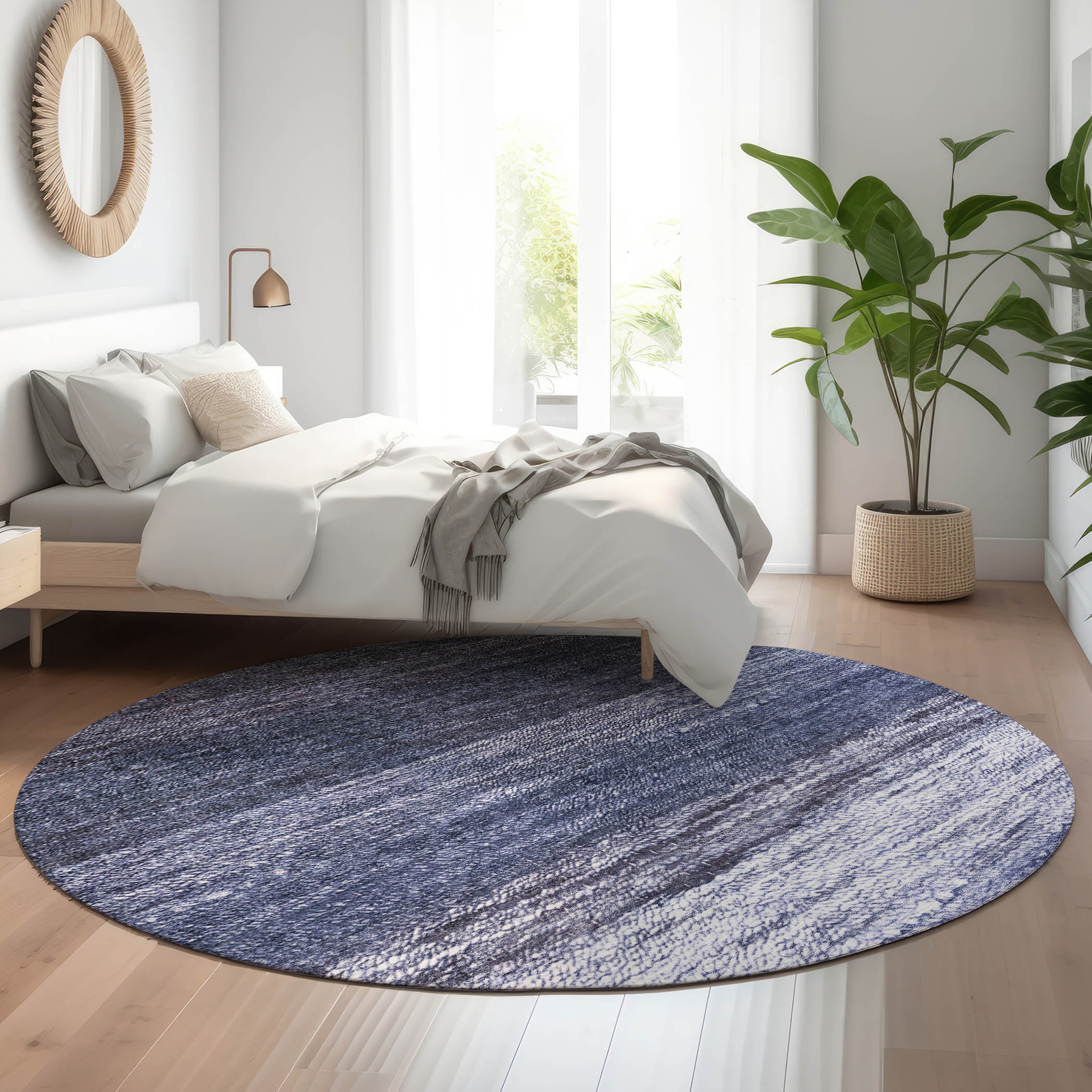 Mdina Machine Washable Transitional Blue Rug 8' x 8' #shape_Round