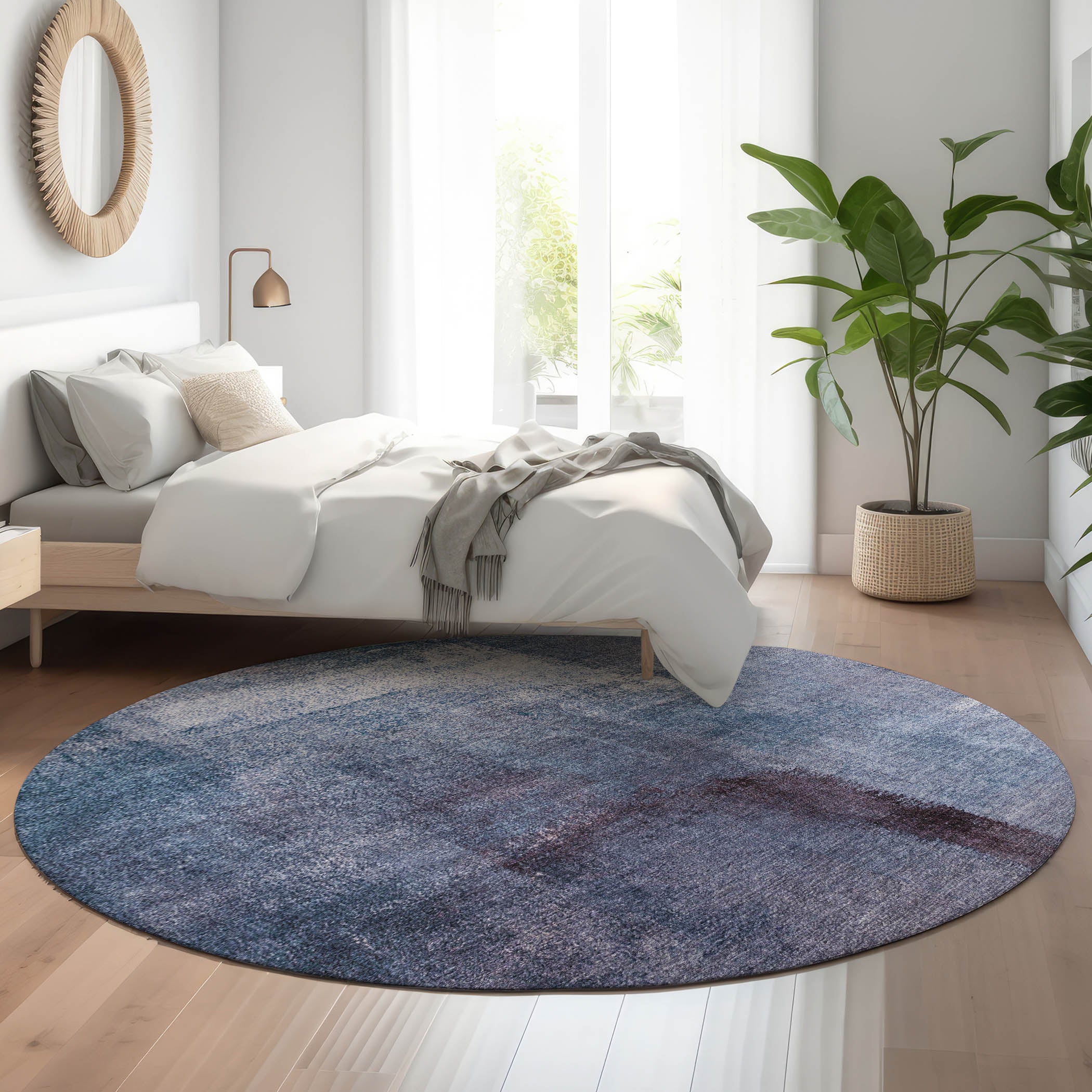 Mdina Machine Washable Transitional Navy Blue Rug 8' x 8' #shape_Round