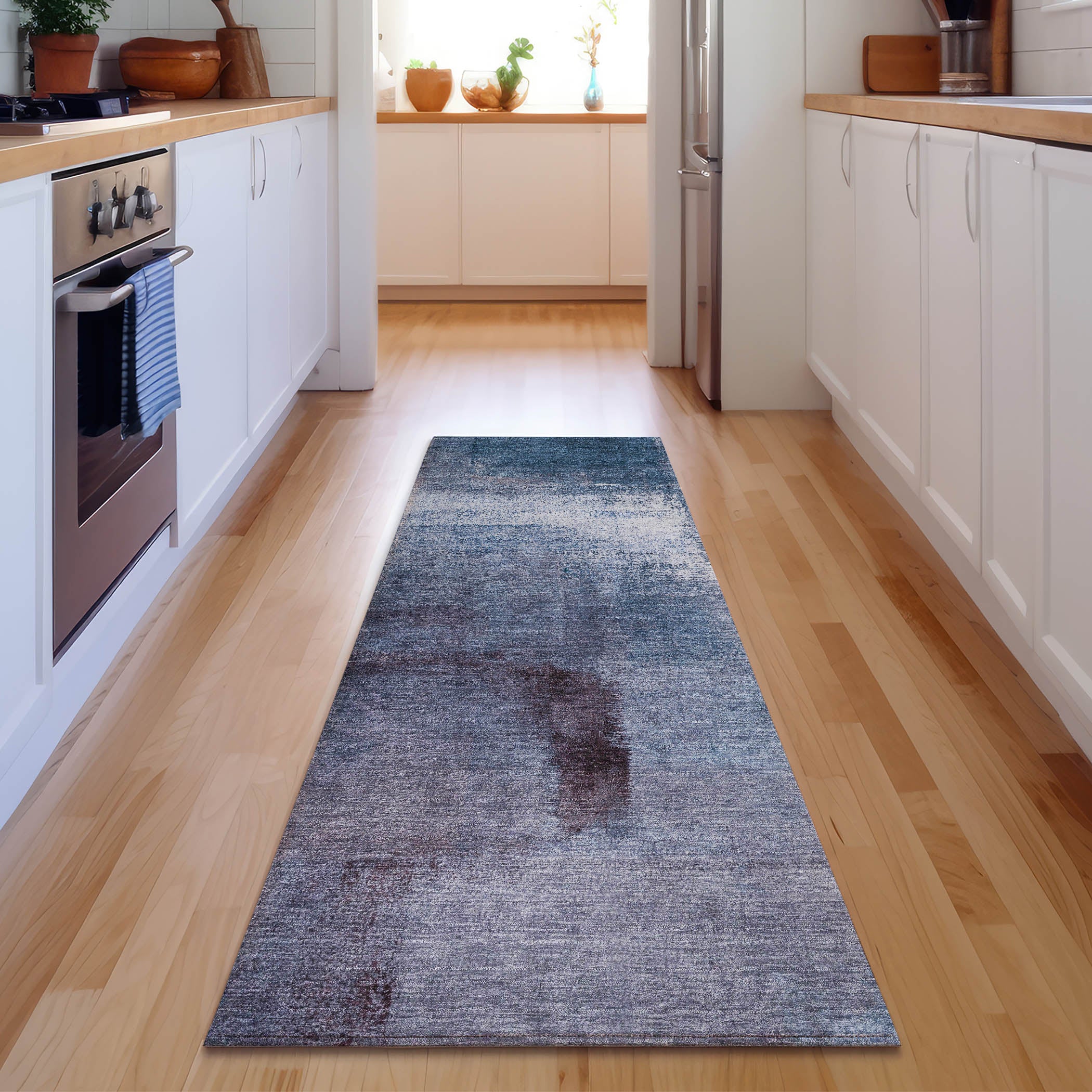 Mdina Machine Washable Transitional Navy Blue Rug 2'3" x 7'6" #shape_Runner