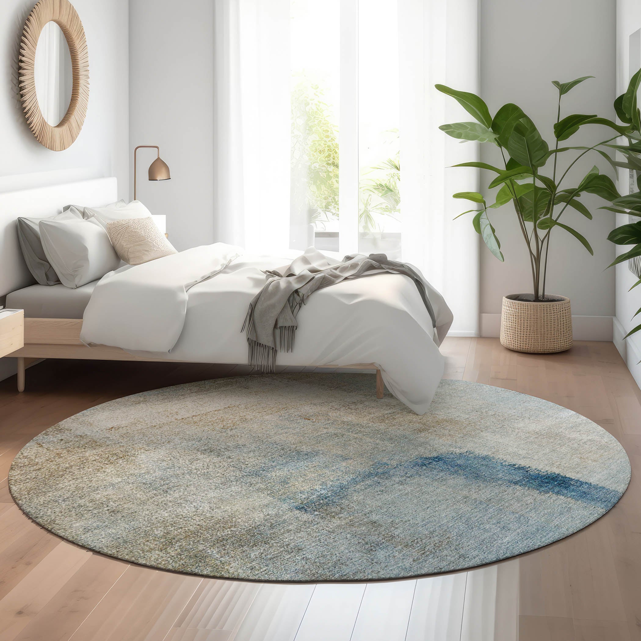 Mdina Machine Washable Transitional Taupe Brown Rug 8' x 8' #shape_Round