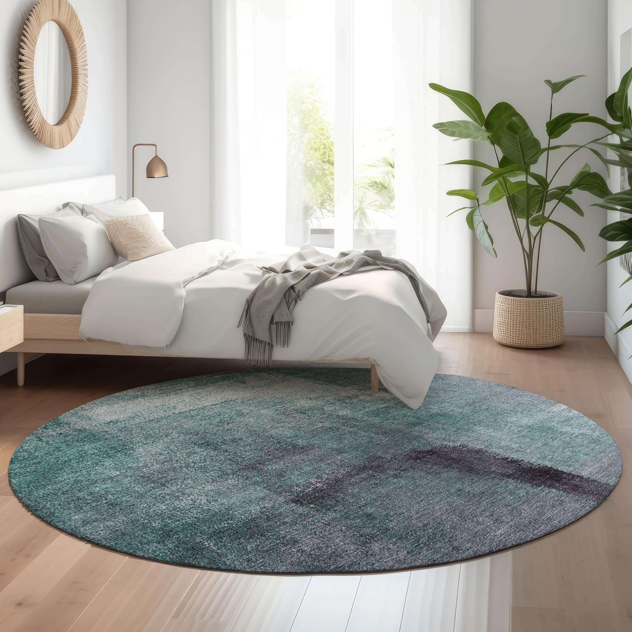 Mdina Machine Washable Transitional Teal Rug 8' x 8' #shape_Round
