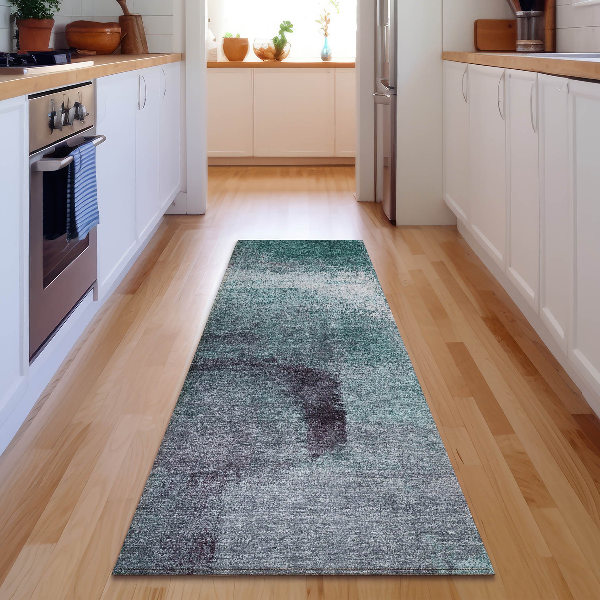 Mdina Machine Washable Transitional Teal Rug 2'3" x 7'6" #shape_Runner
