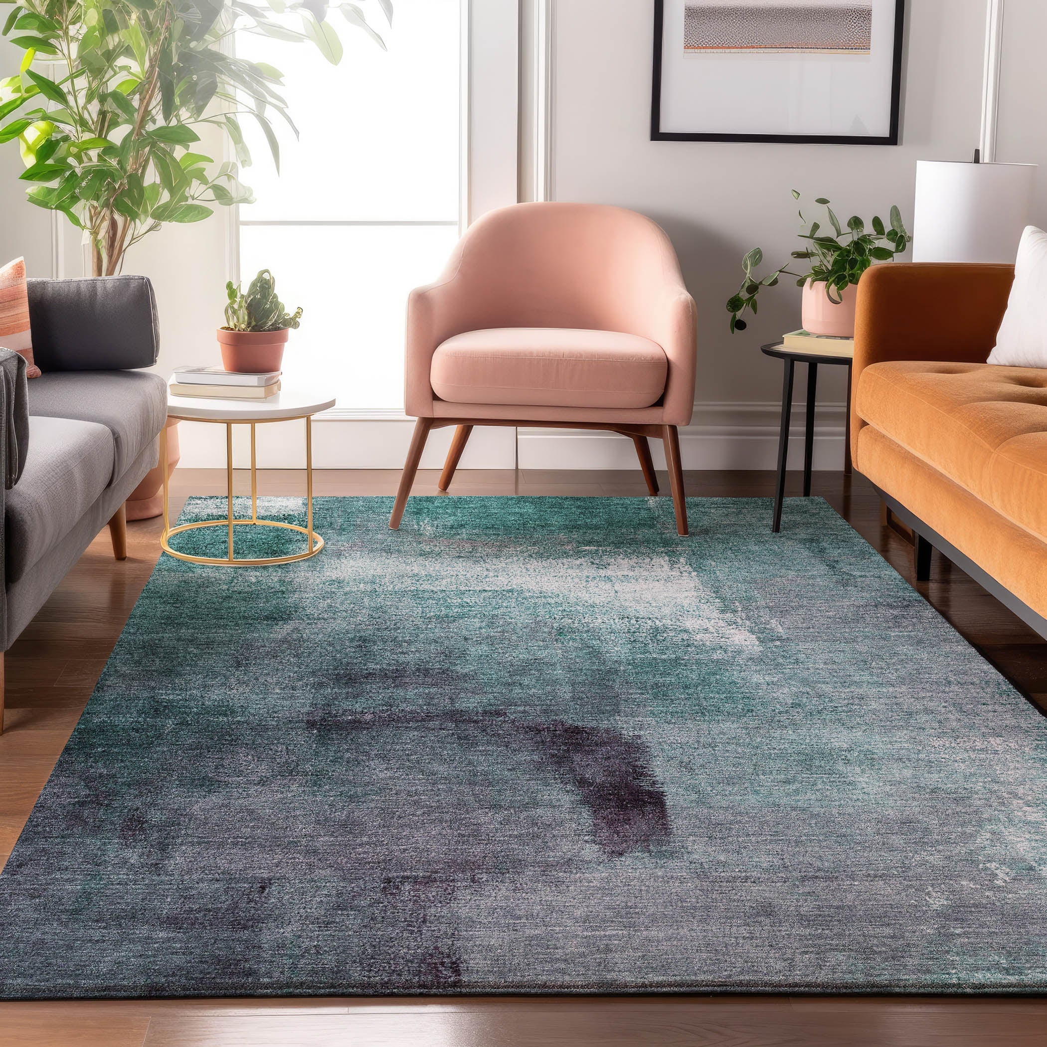 Mdina Machine Washable Transitional Teal Rug 2'6" x 3'10" #shape_Rectangle