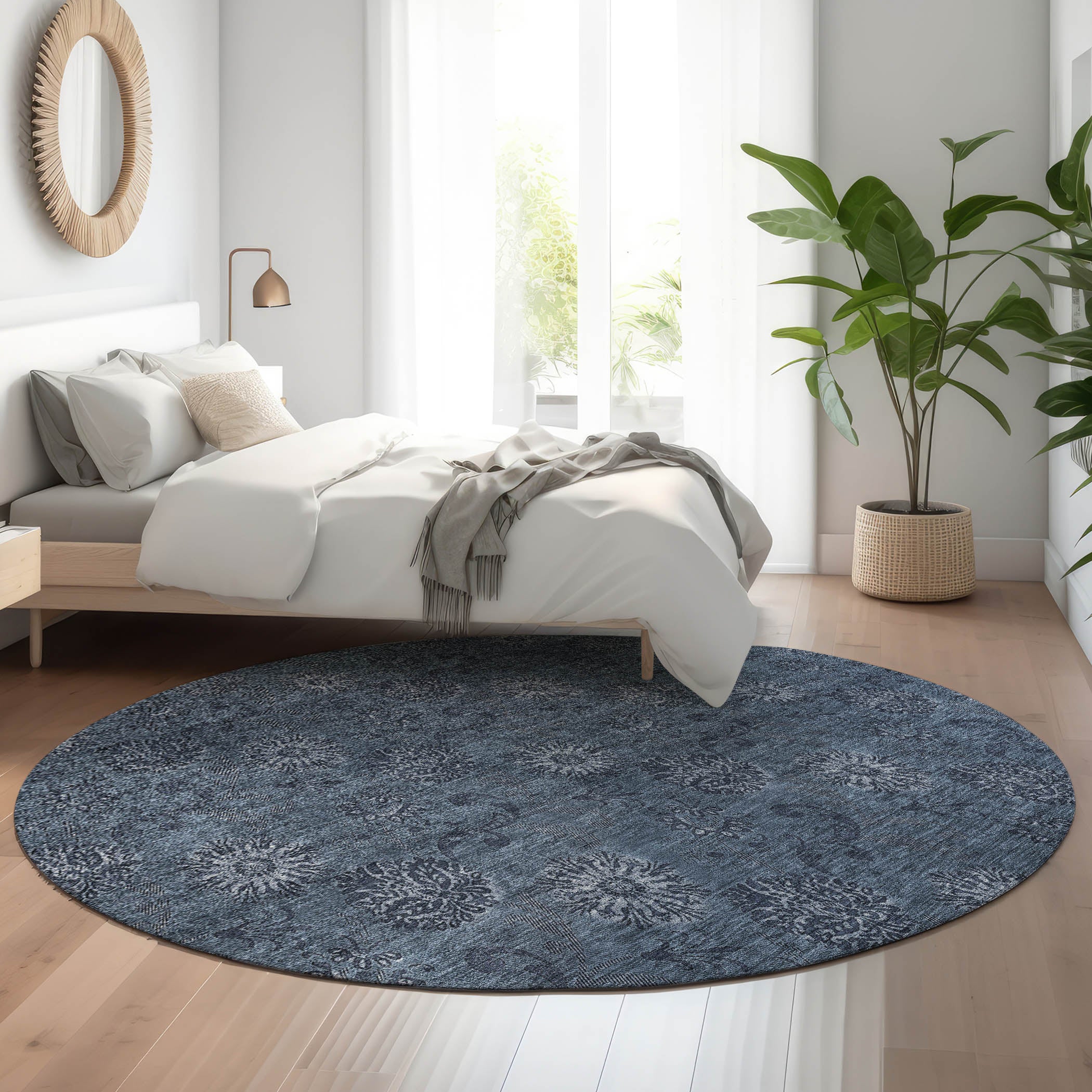 Bangkok Machine Washable Transitional Blue Rug 8' x 8' #shape_Round