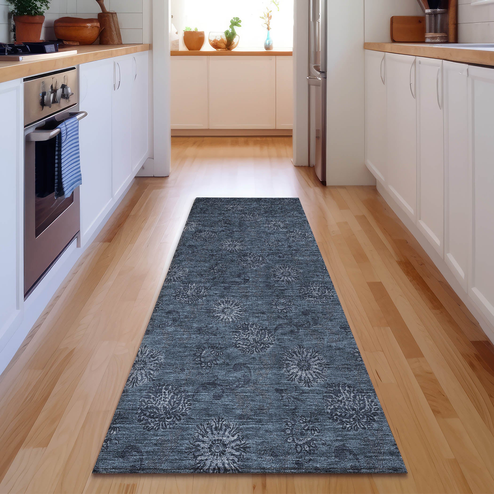 Bangkok Machine Washable Transitional Blue Rug 2'3" x 7'6" #shape_Runner