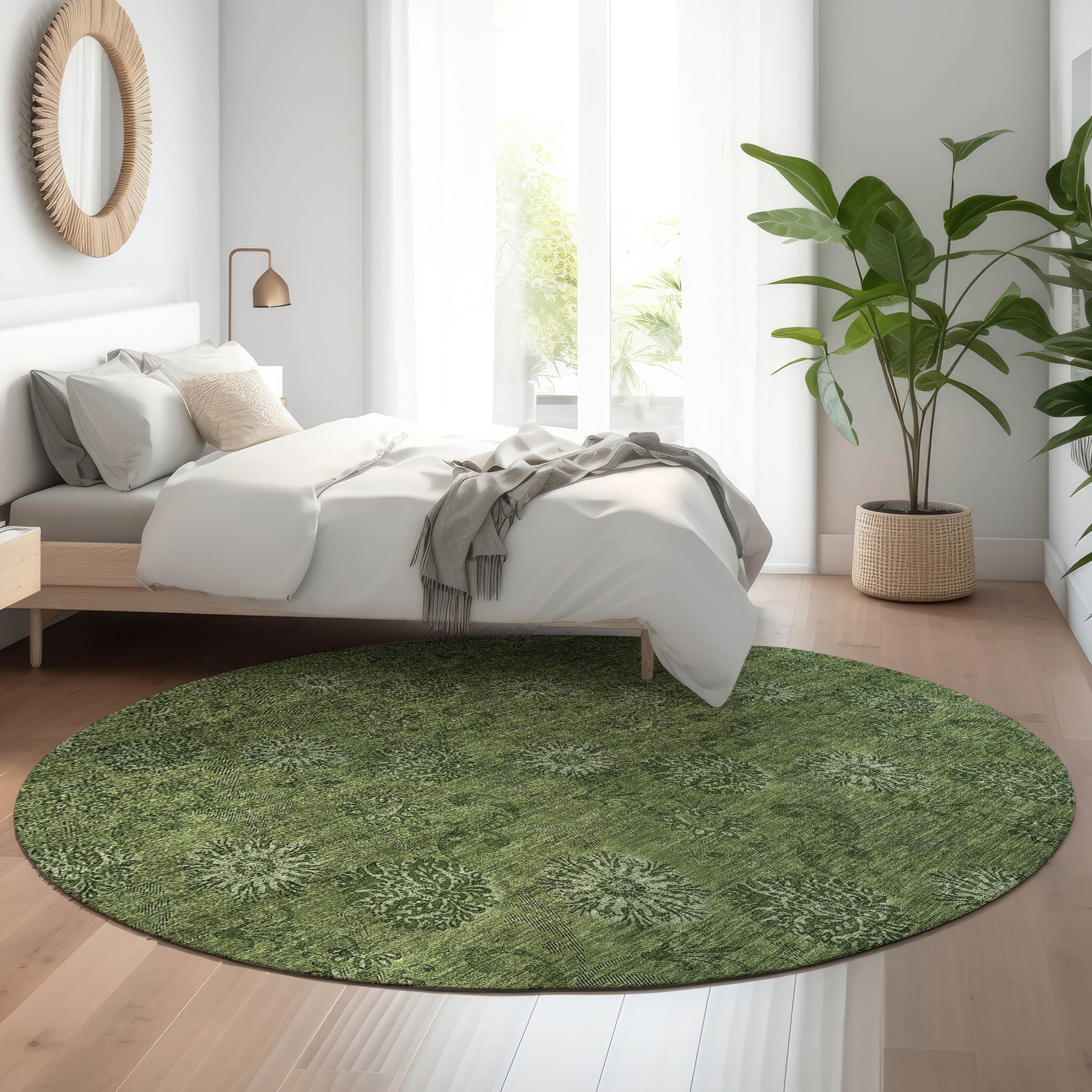 Bangkok Machine Washable Transitional Olive Green Rug 8' x 8' #shape_Round