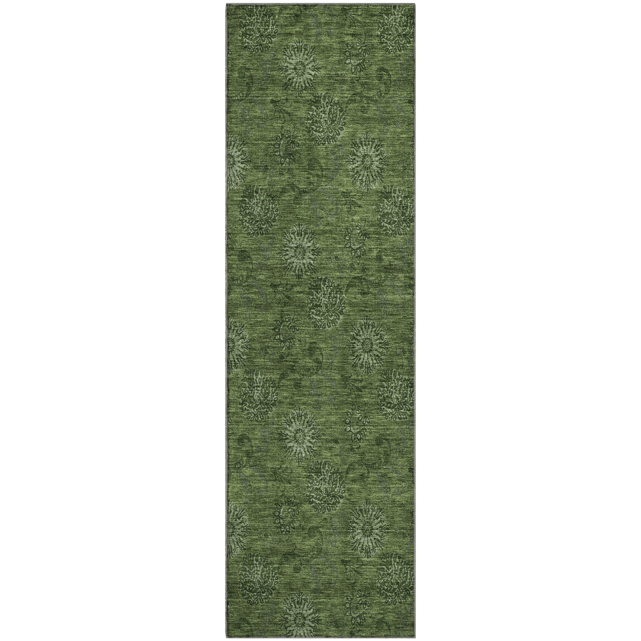 Bangkok Machine Washable Transitional Olive Green Rug 2'3" x 7'6" #shape_Runner