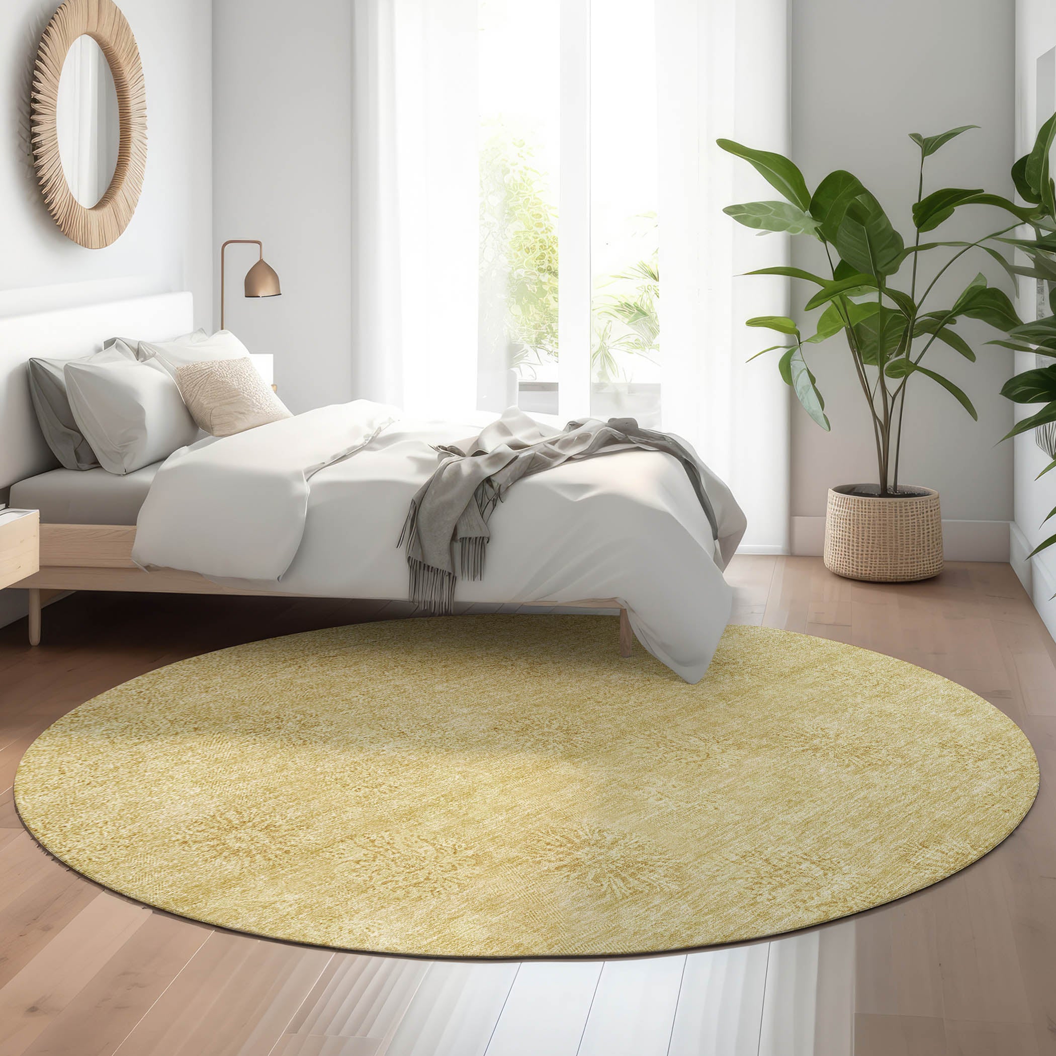 Kyoto Machine Washable Transitional Gold Rug 8' x 8' #shape_Round