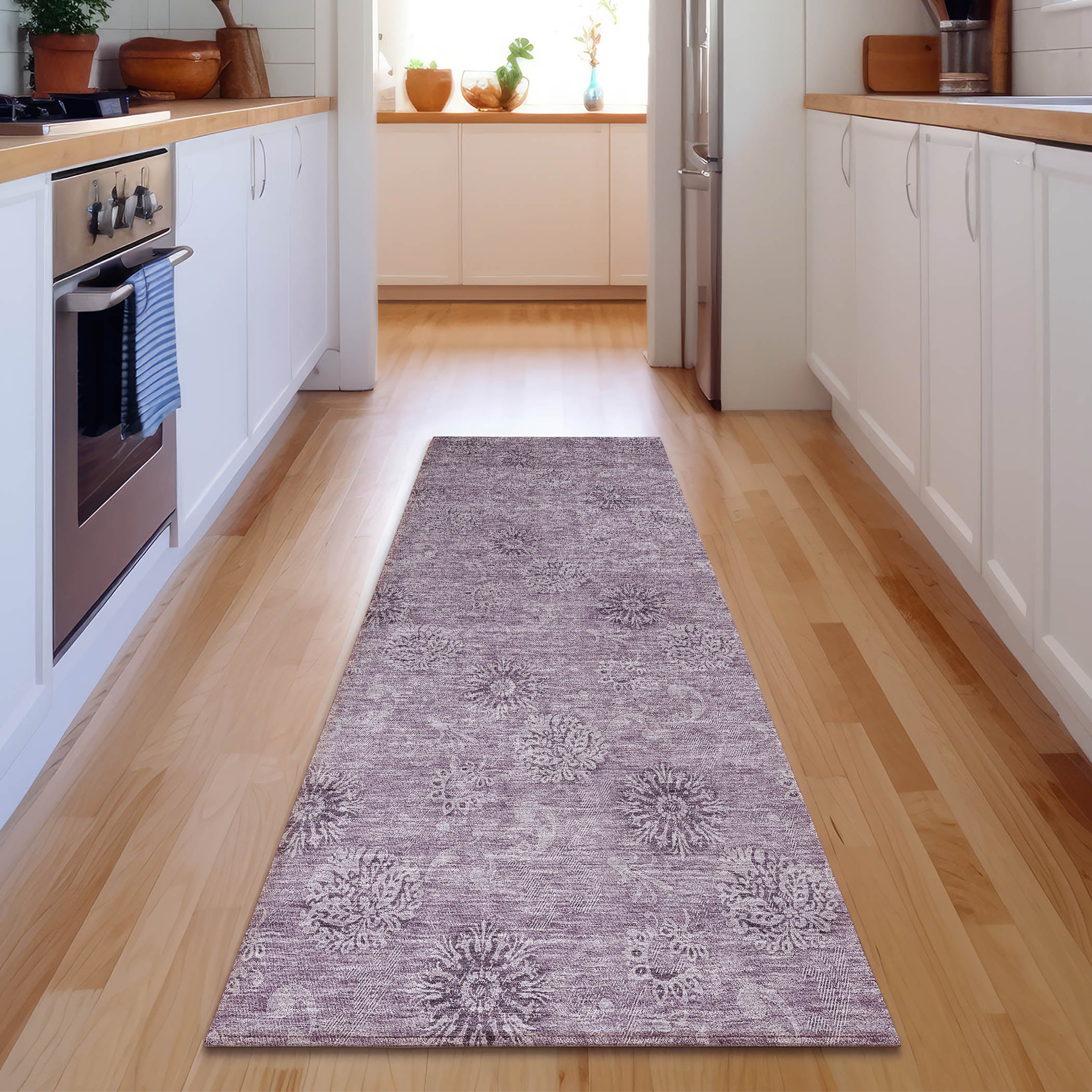 Kyoto Machine Washable Transitional Plum Purple Rug 2'3" x 7'6" #shape_Runner