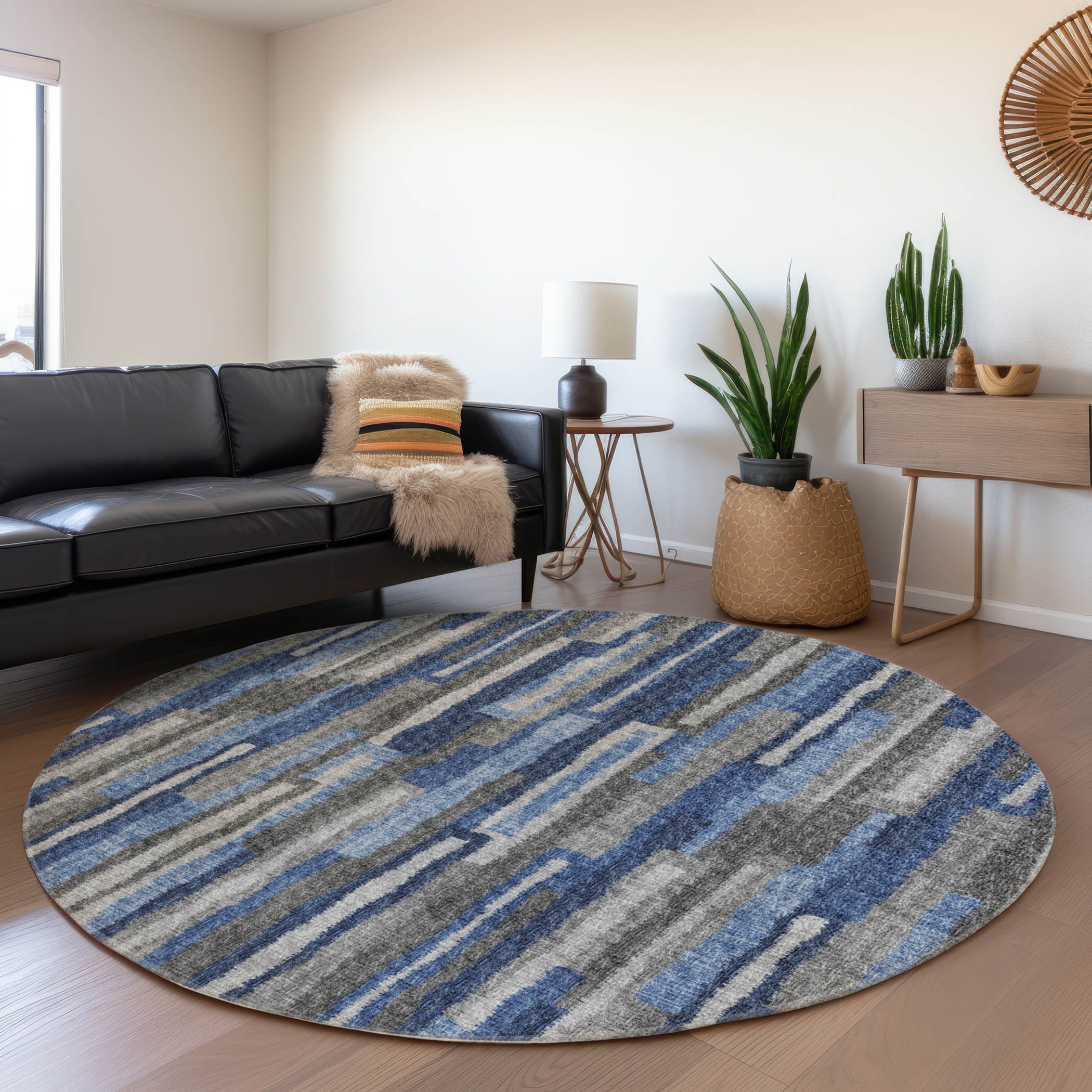 Rome Machine Washable Transitional Blue Rug 8' x 8' #shape_Round