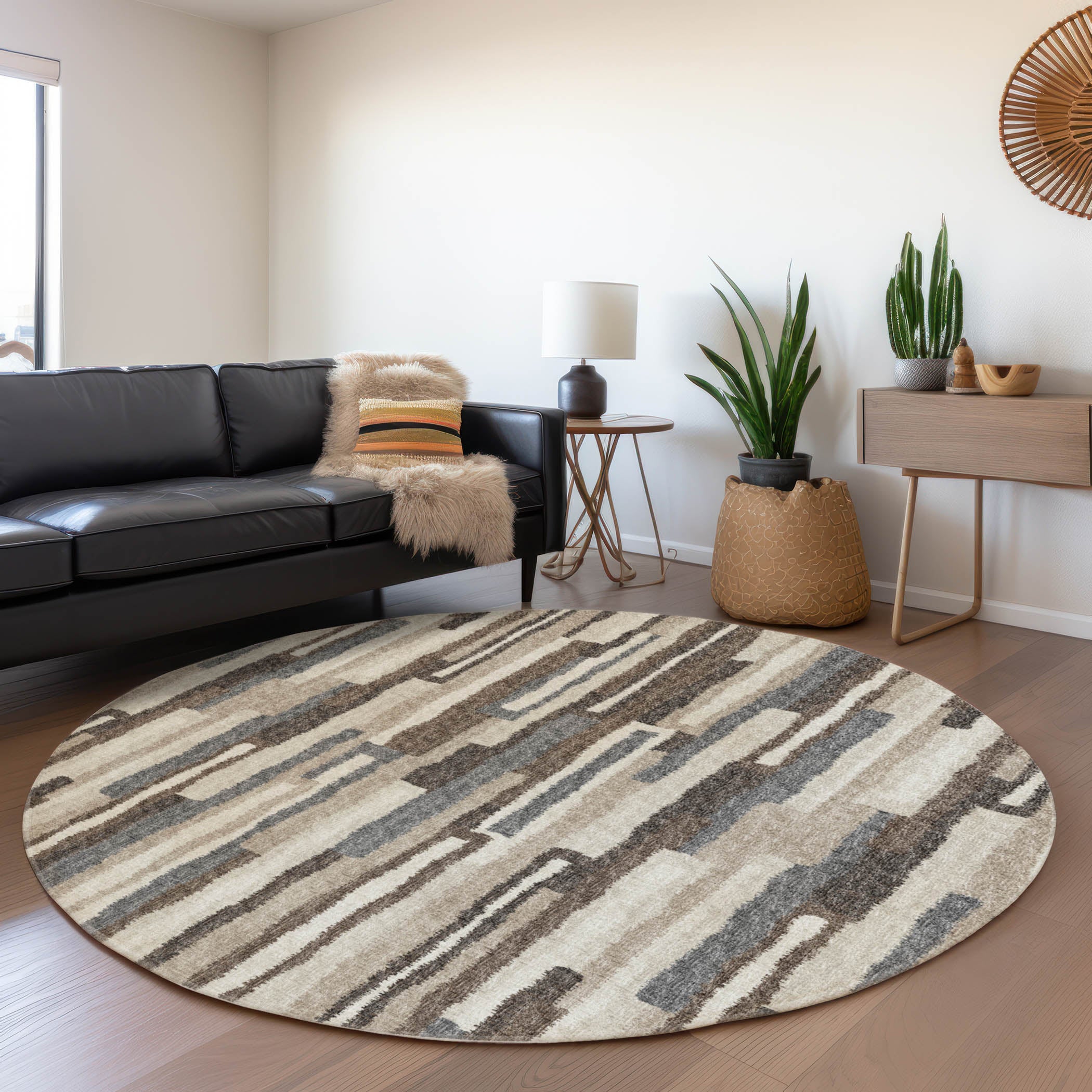 Rome Machine Washable Transitional Earth Brown Rug 8' x 8' #shape_Round