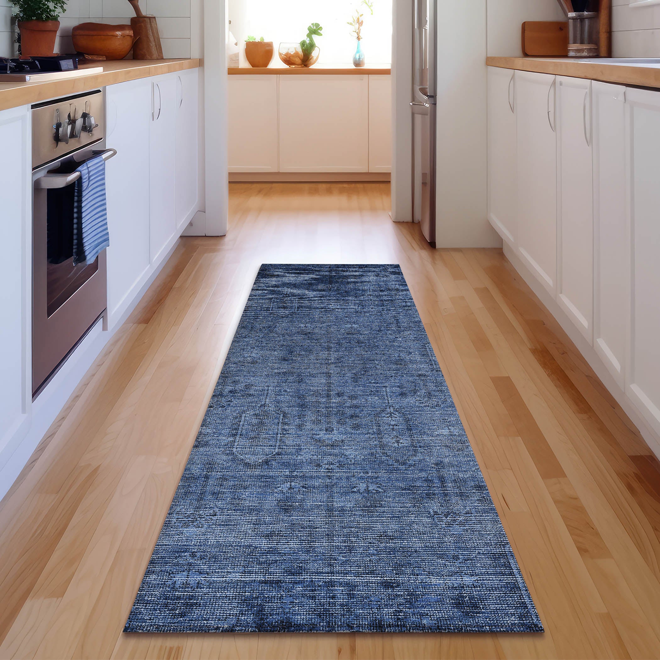 Lima Machine Washable Transitional Navy Blue Rug 2'3" x 7'6" #shape_Runner