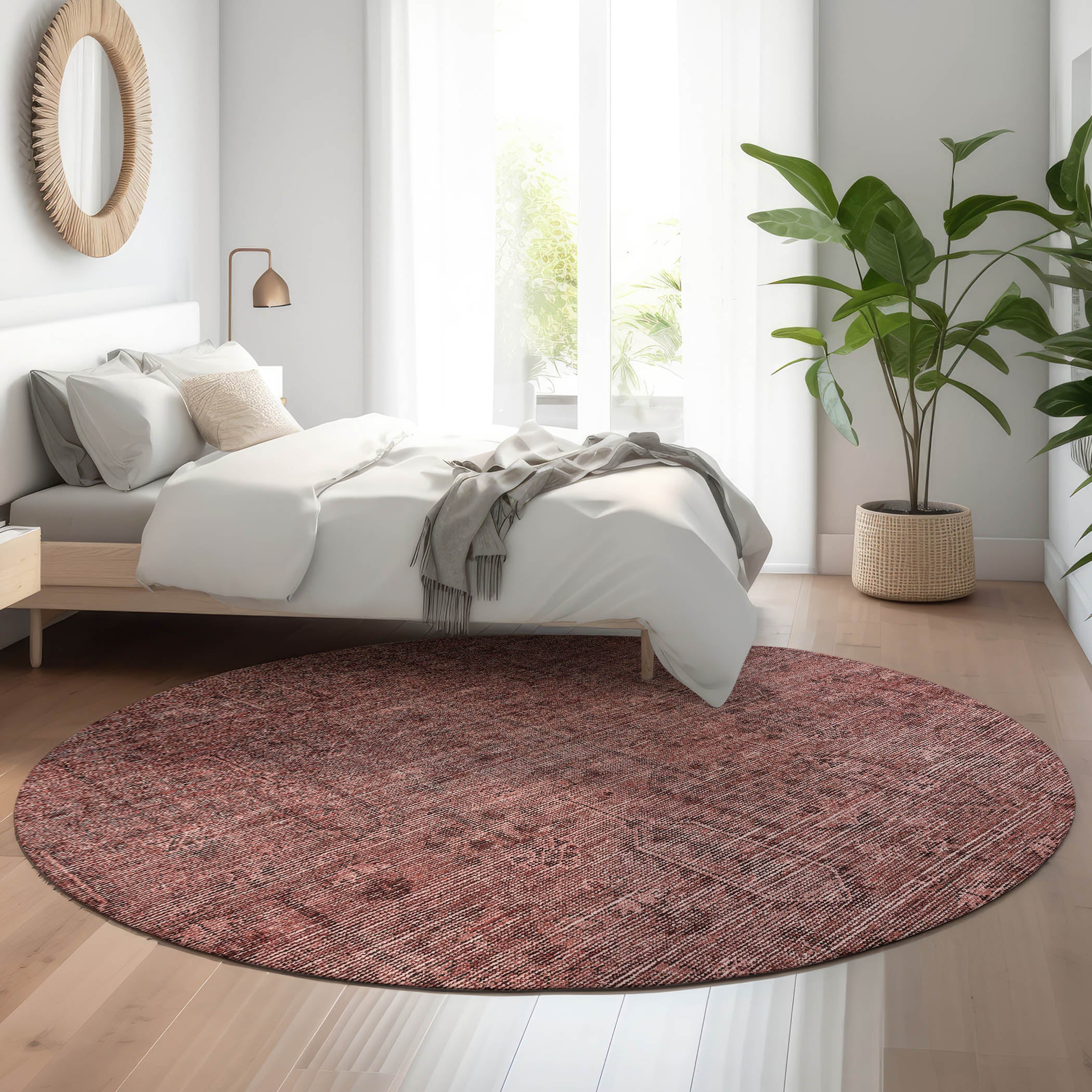 Lima Machine Washable Transitional Paprika Orange Rug 8' x 8' #shape_Round