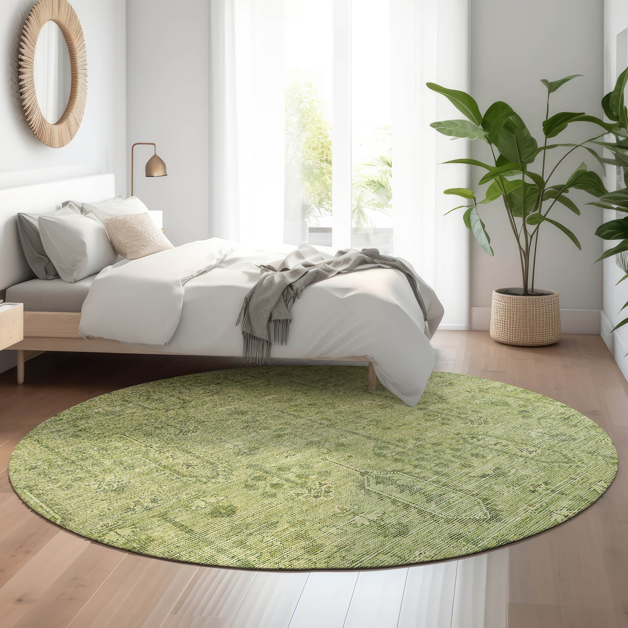 Lima Machine Washable Transitional Sage Green Rug 8' x 8' #shape_Round