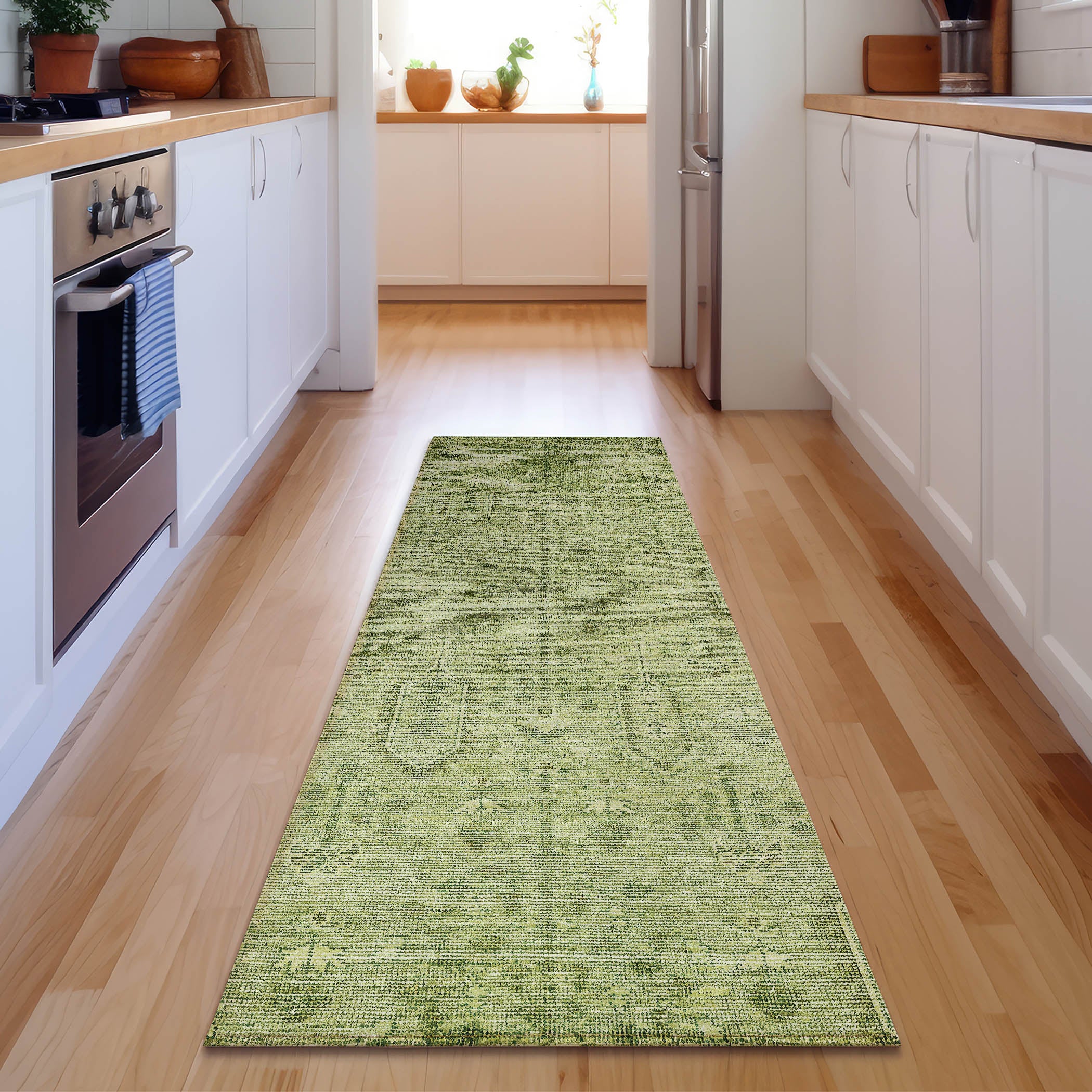 Lima Machine Washable Transitional Sage Green Rug 2'3" x 7'6" #shape_Runner