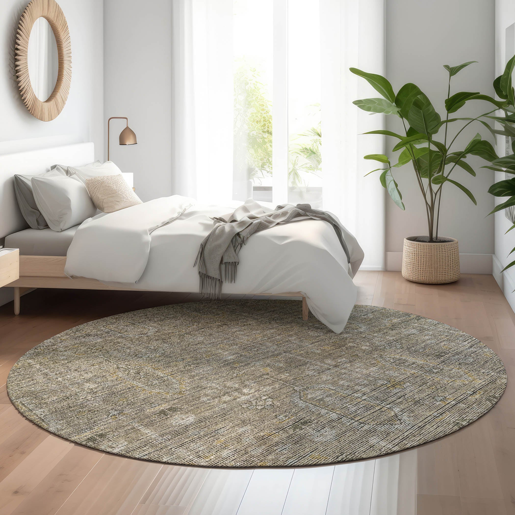 Lima Machine Washable Transitional Taupe Brown Rug 8' x 8' #shape_Round
