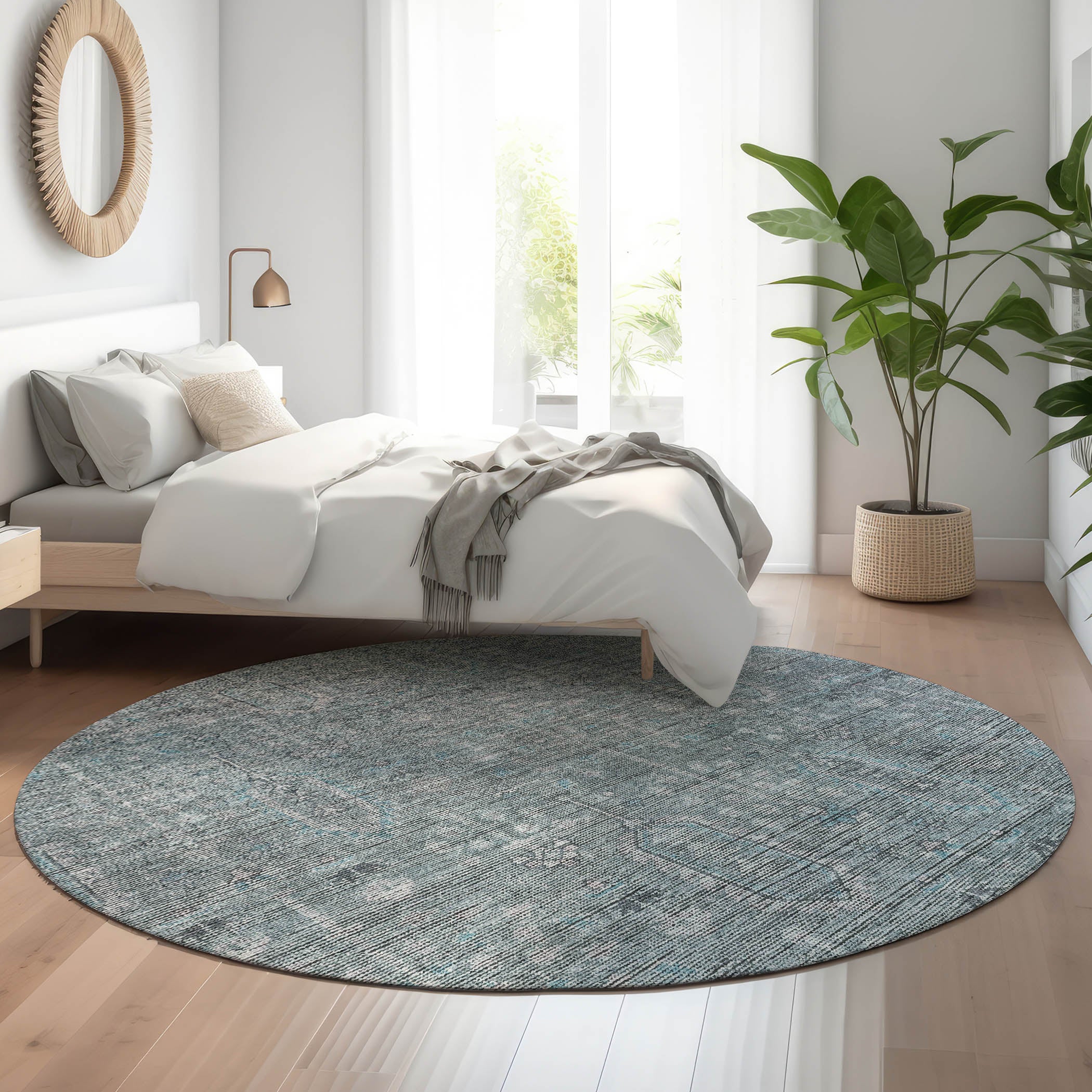 Lima Machine Washable Transitional Teal Rug 8' x 8' #shape_Round