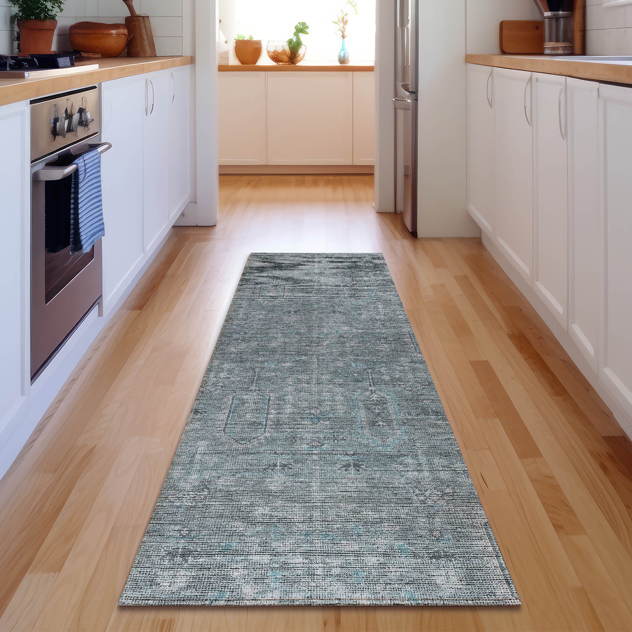 Lima Machine Washable Transitional Teal Rug 2'3" x 7'6" #shape_Runner