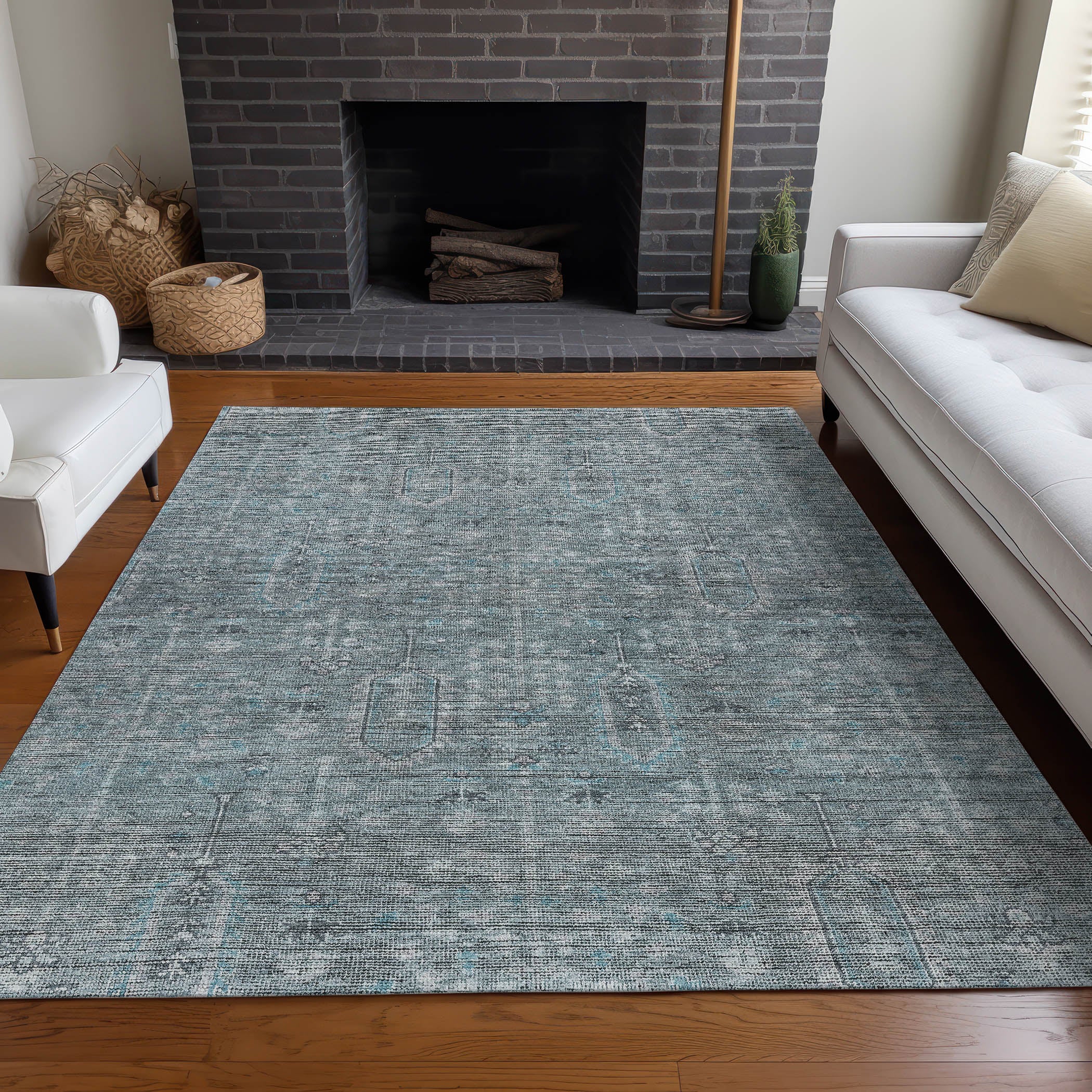 Lima Machine Washable Transitional Teal Rug 2'6" x 3'10" #shape_Rectangle