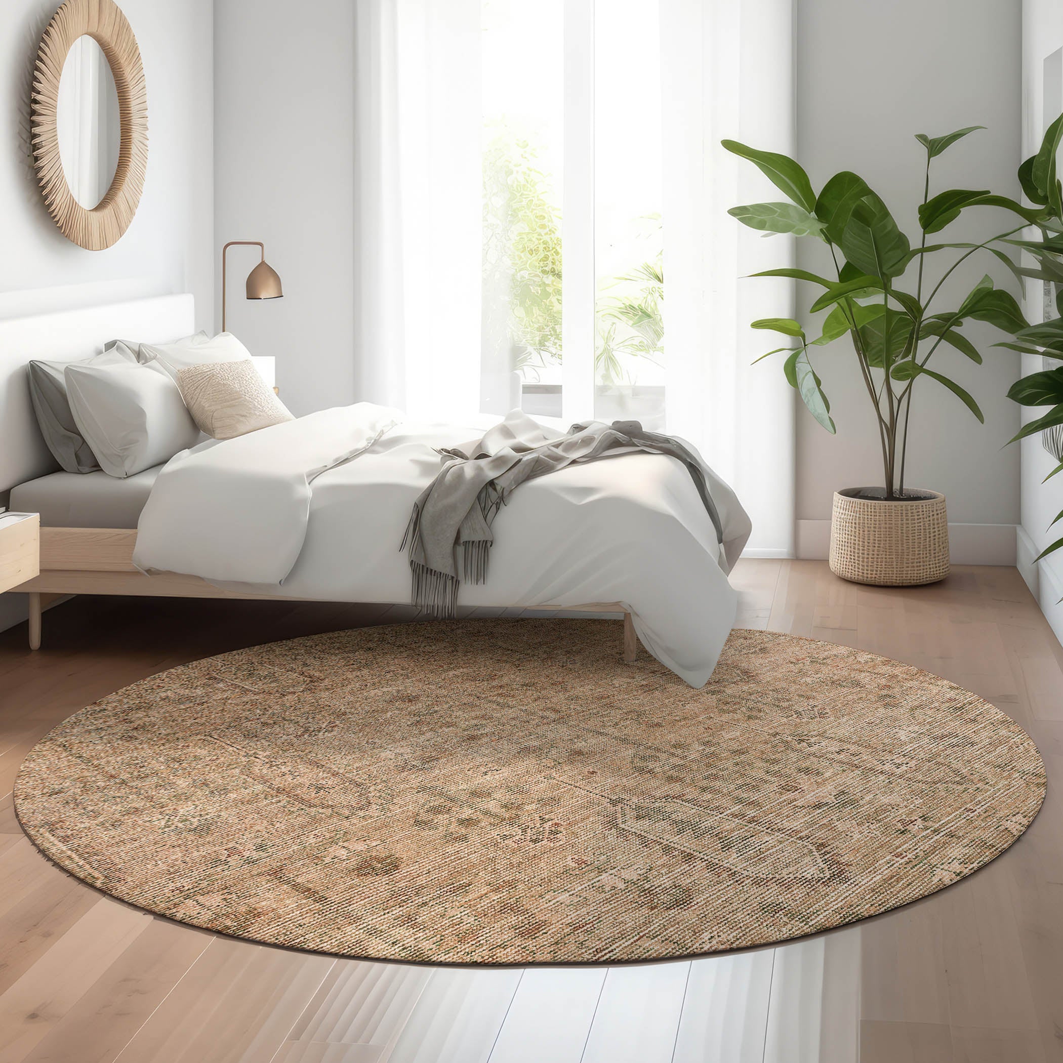 Lima Machine Washable Transitional Terracotta Orange Rug 8' x 8' #shape_Round