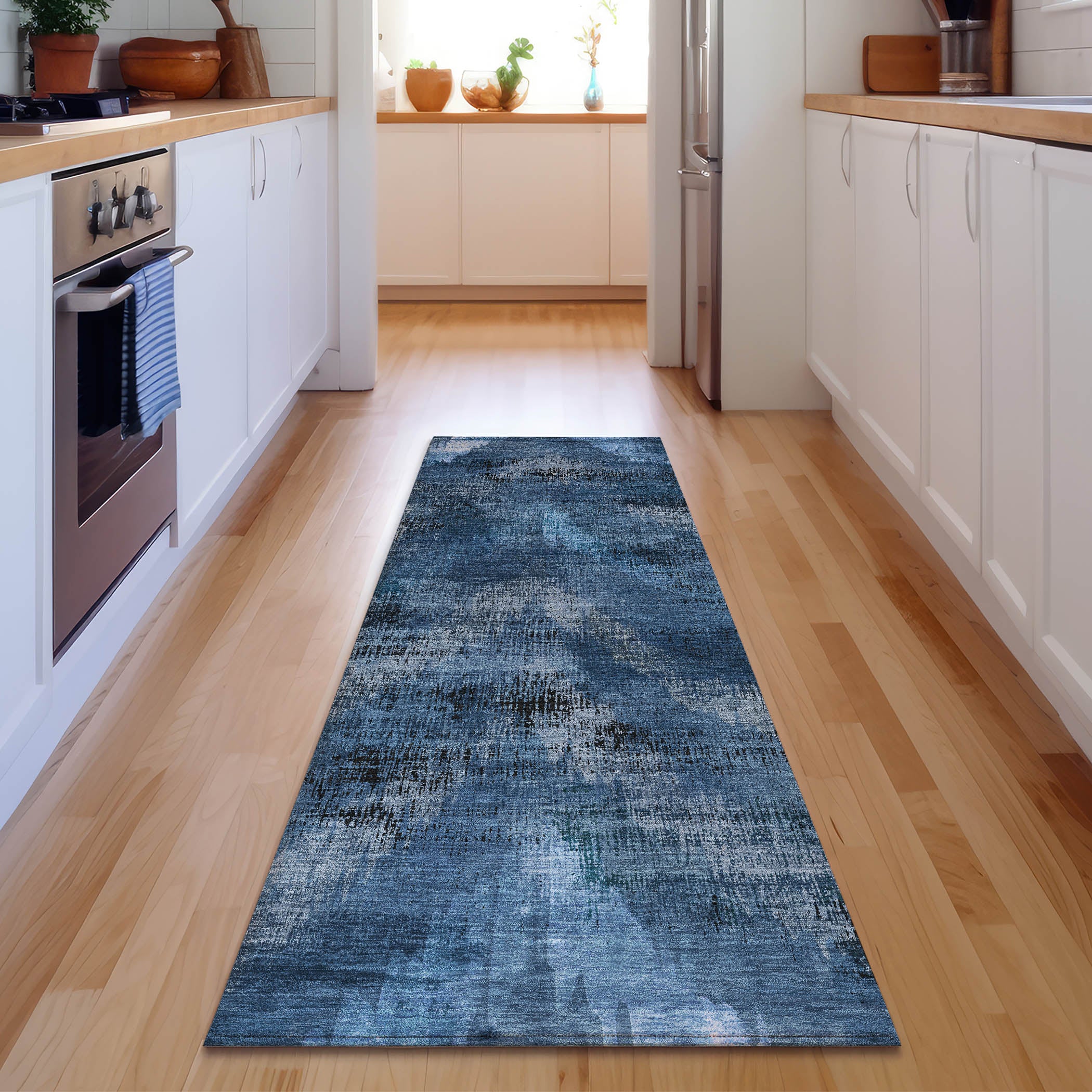 Istanbul Machine Washable Transitional Blue Rug 2'3" x 7'6" #shape_Runner
