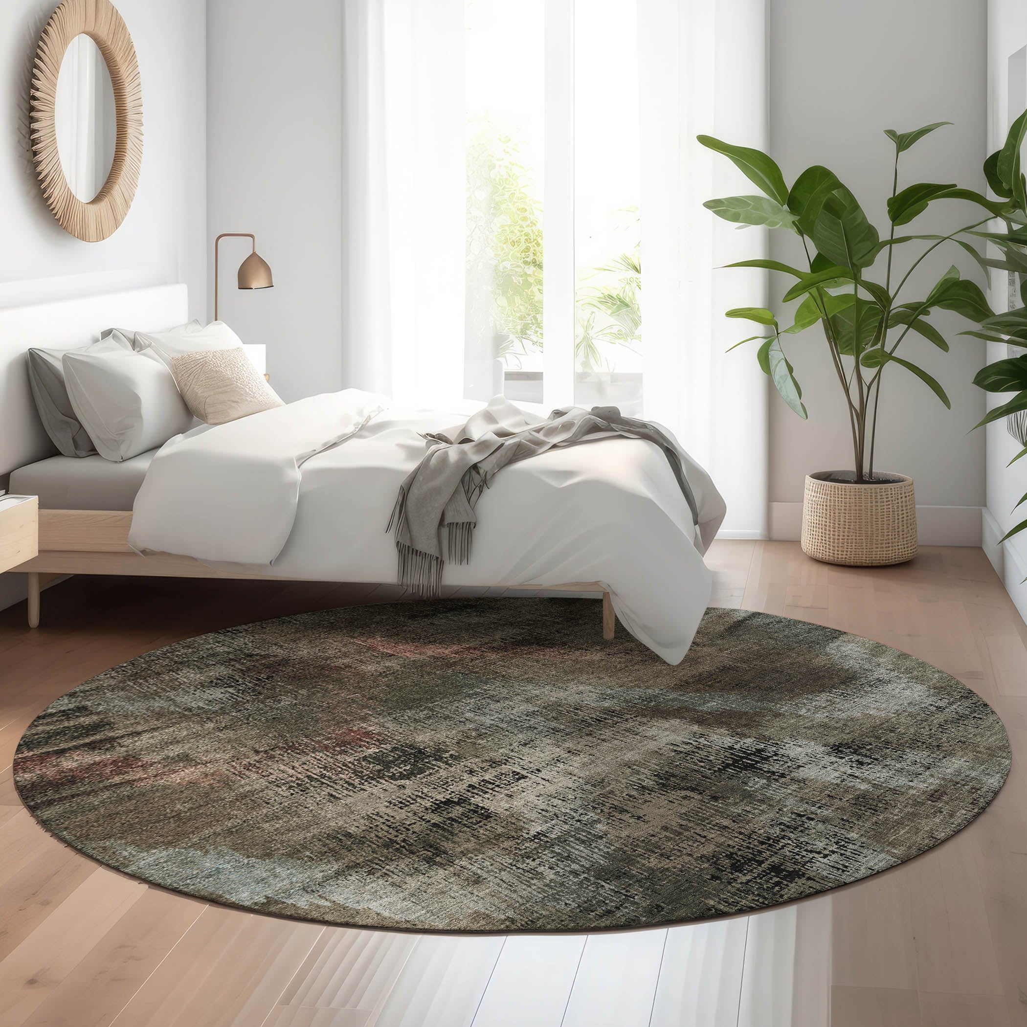 Istanbul Machine Washable Transitional Brown Rug 8' x 8' #shape_Round