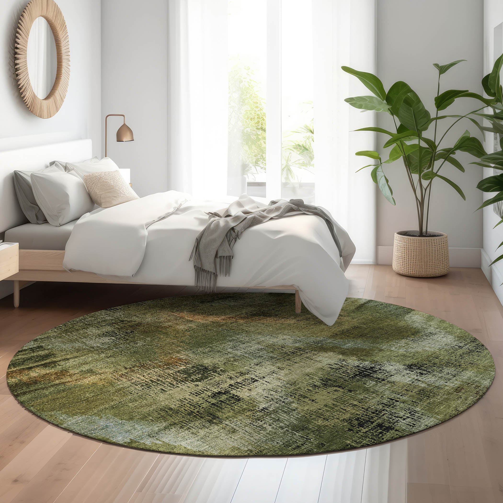 Istanbul Machine Washable Transitional Olive Green Rug 8' x 8' #shape_Round