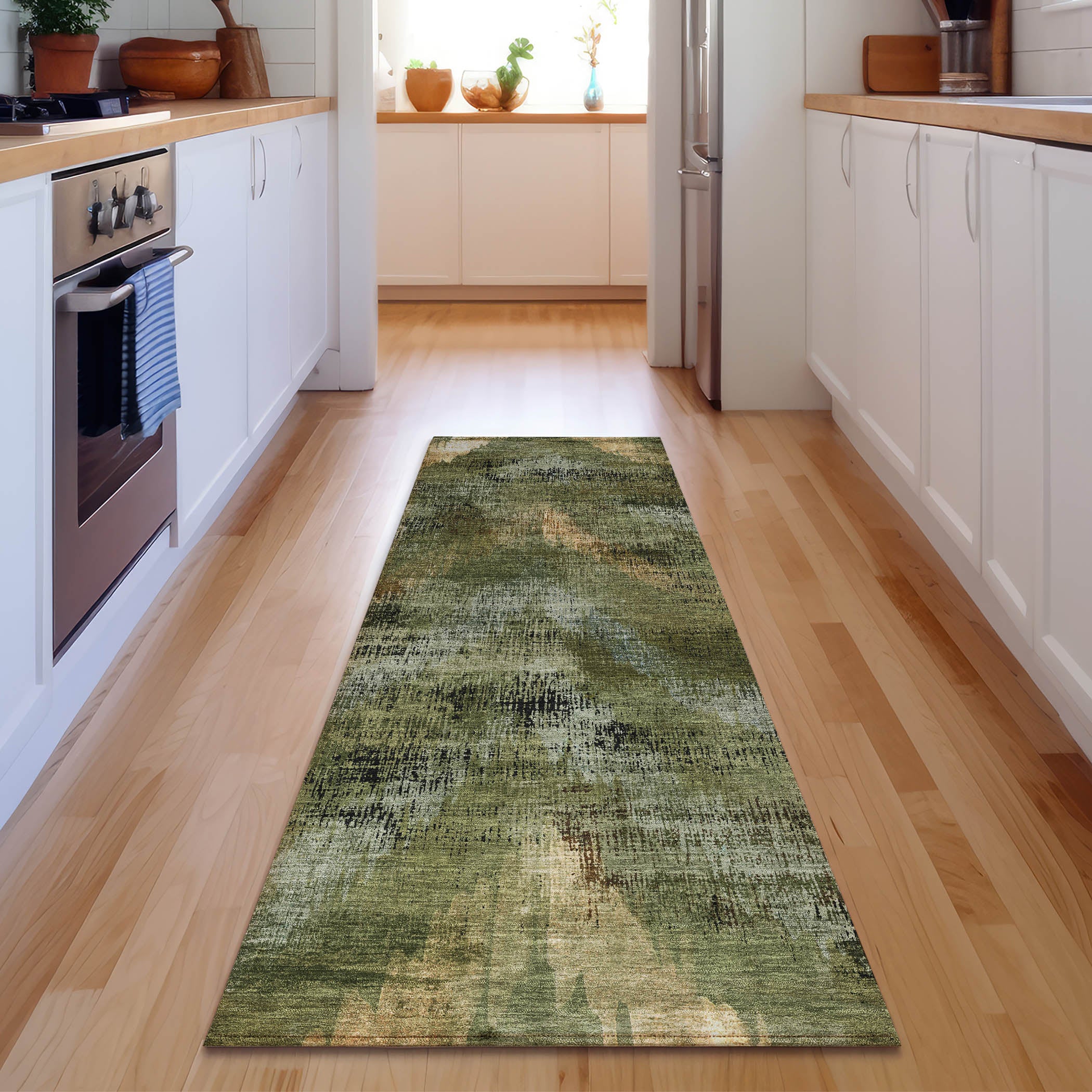 Istanbul Machine Washable Transitional Olive Green Rug 2'3" x 7'6" #shape_Runner
