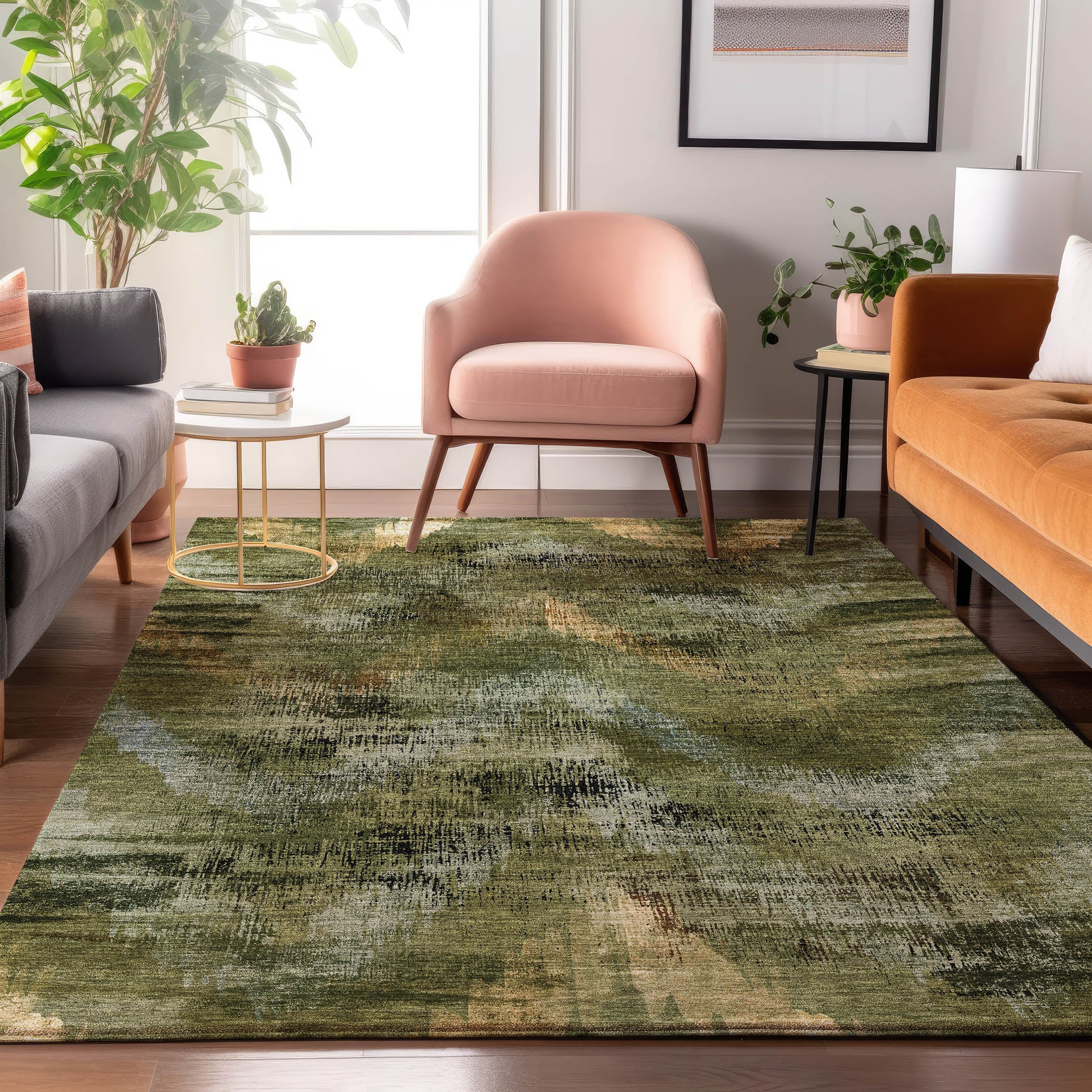 Istanbul Machine Washable Transitional Olive Green Rug 2'6" x 3'10" #shape_Rectangle