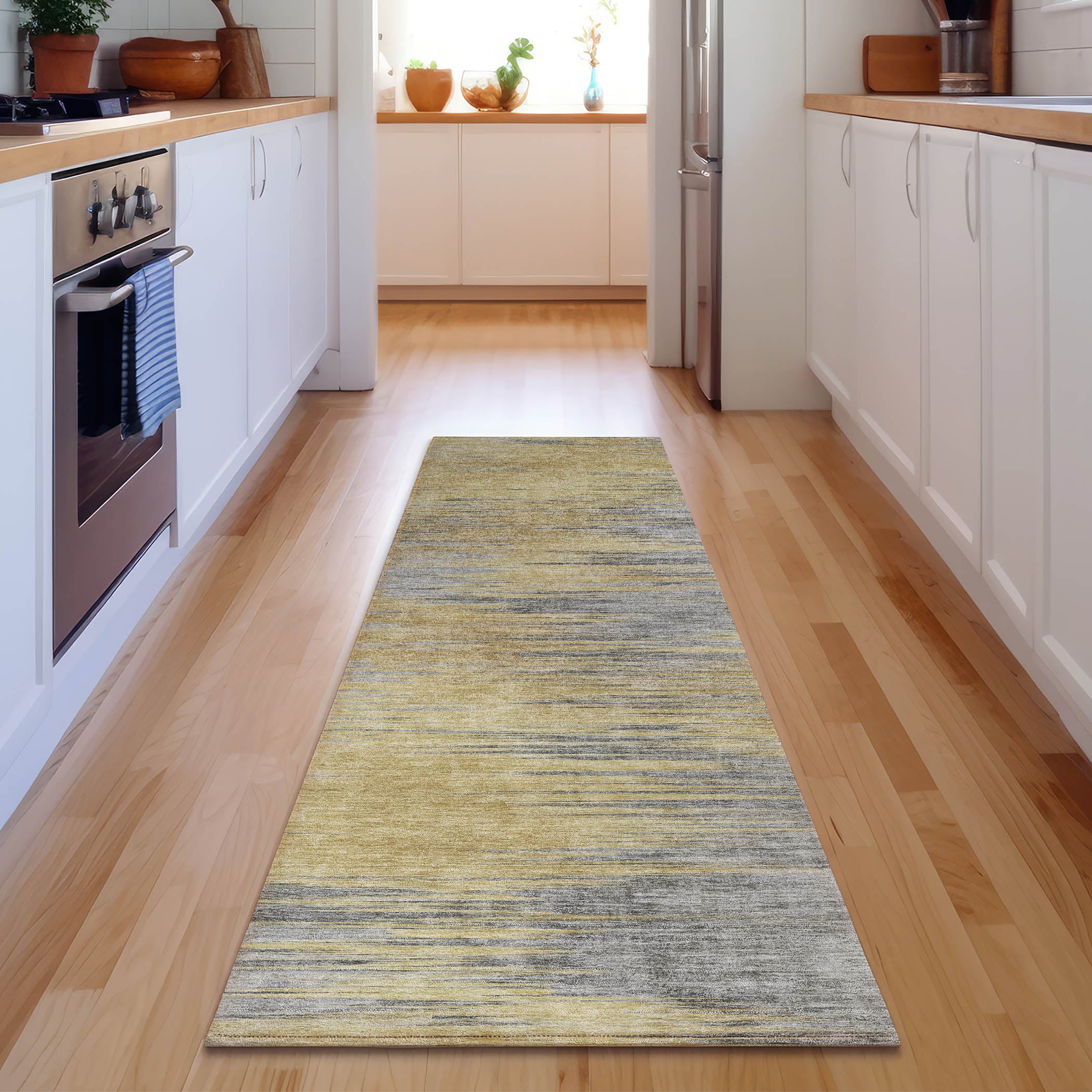 Bogota Machine Washable Transitional Gold Rug 2'3" x 7'6" #shape_Runner