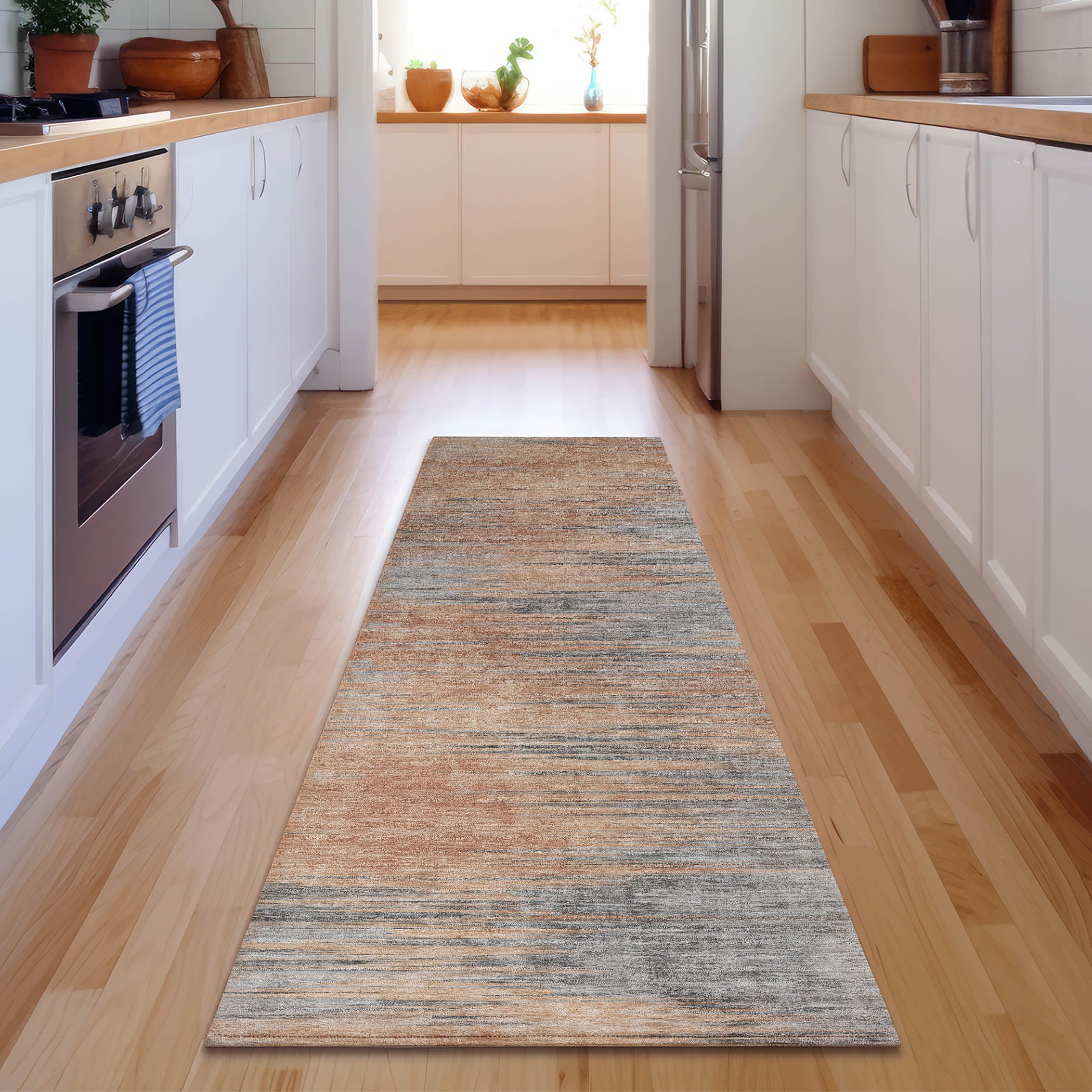 Bogota Machine Washable Transitional Salmon Orange Rug 2'3" x 7'6" #shape_Runner