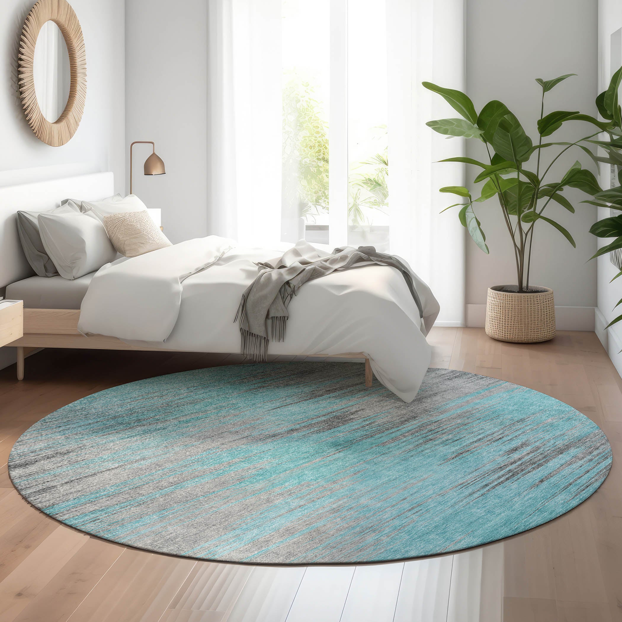 Bogota Machine Washable Transitional Teal Rug 8' x 8' #shape_Round