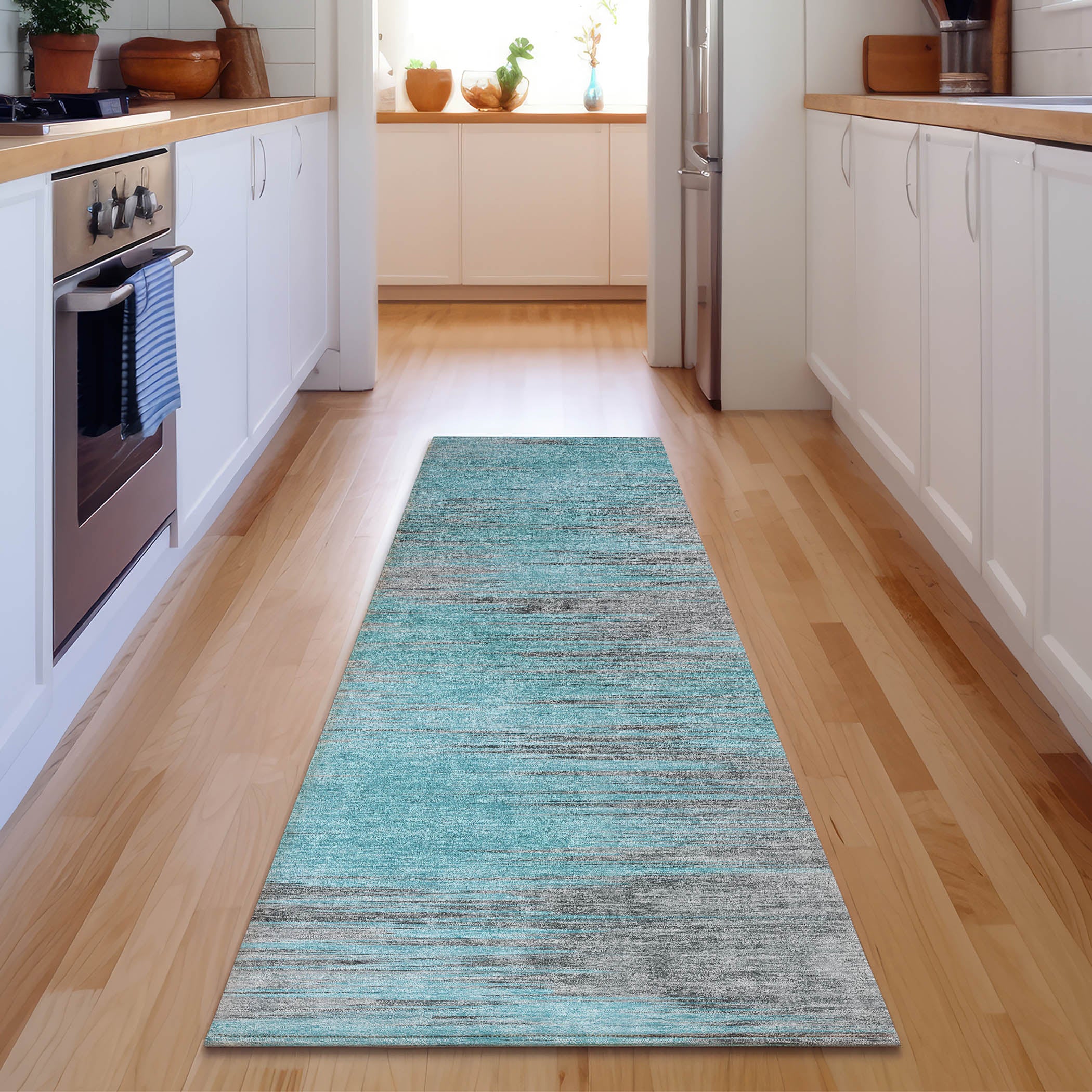 Bogota Machine Washable Transitional Teal Rug 2'3" x 7'6" #shape_Runner