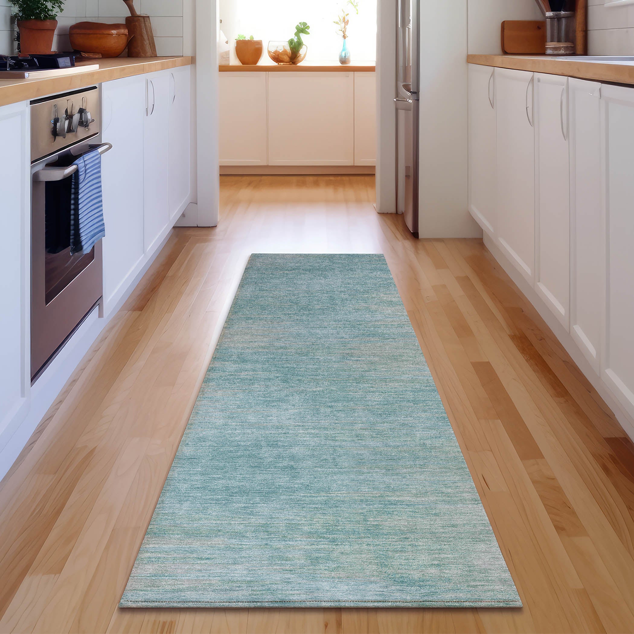 Tallinn Machine Washable Transitional Aqua Teal Rug 2'3" x 7'6" #shape_Runner