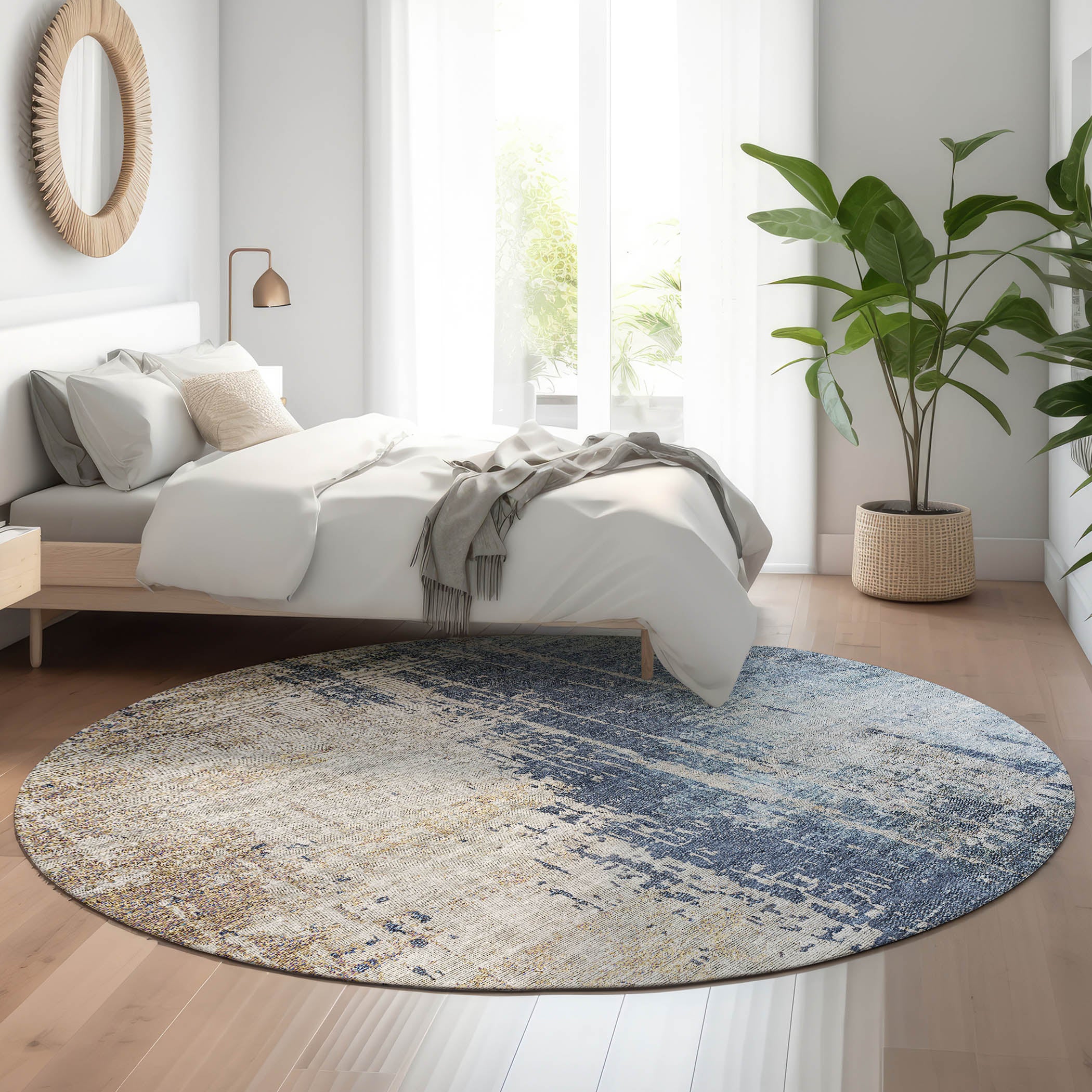 Florence Machine Washable Transitional Navy Blue Rug 8' x 8' #shape_Round