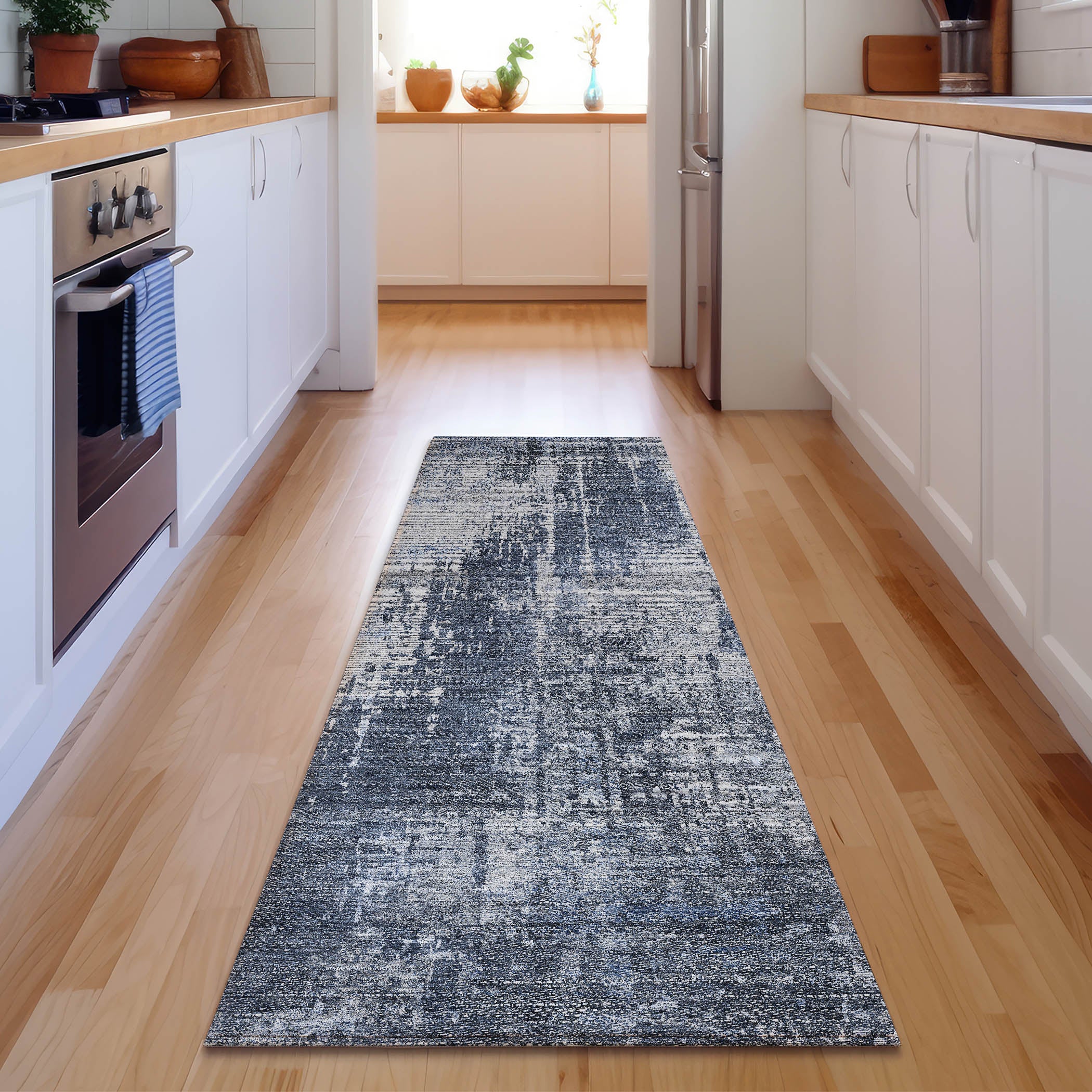 Siena Machine Washable Transitional Navy Blue Rug 2'3" x 7'6" #shape_Runner