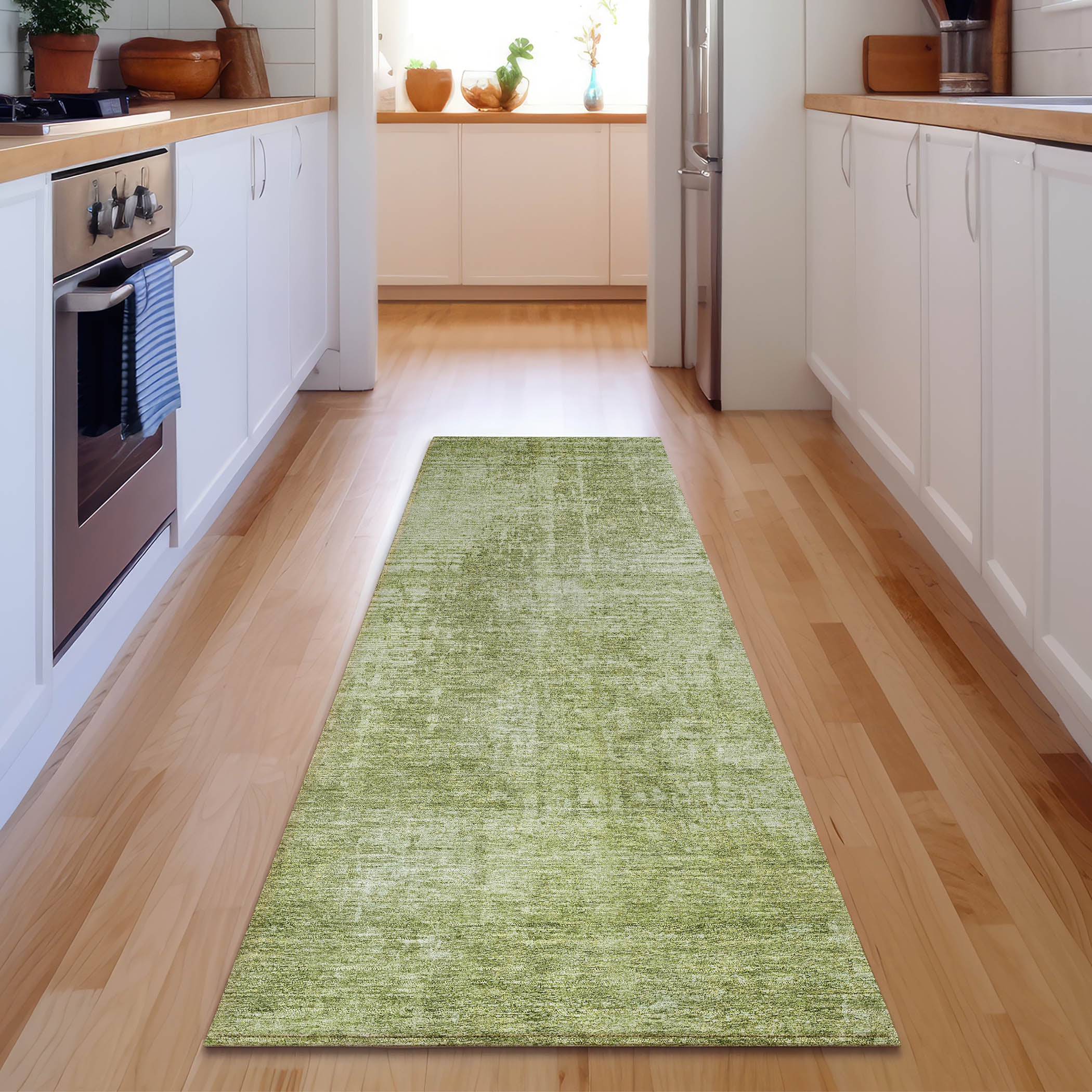 Siena Machine Washable Transitional Sage Green Rug 2'3" x 7'6" #shape_Runner
