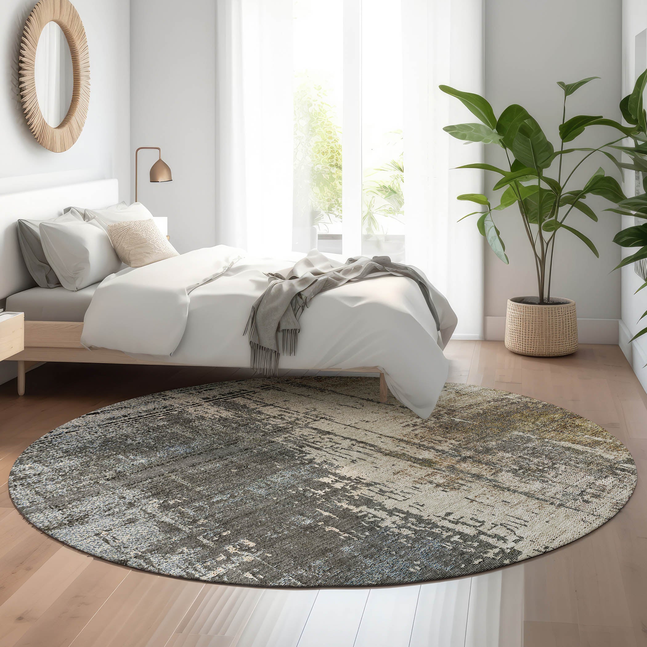 Marrakech Machine Washable Transitional Beige Brown Rug 8' x 8' #shape_Round