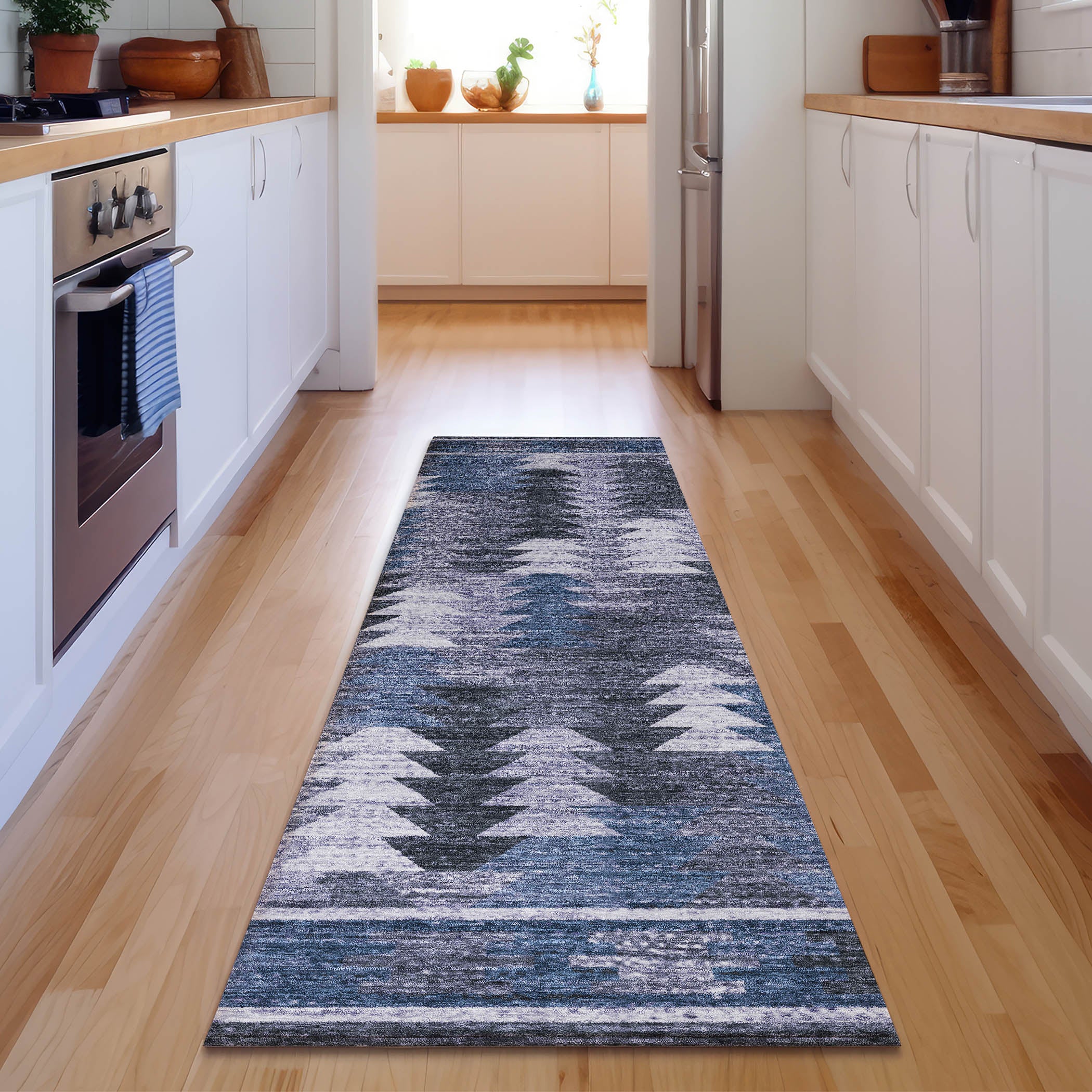 Chiang Mai Machine Washable Transitional Blue Rug 2'3" x 7'6" #shape_Runner