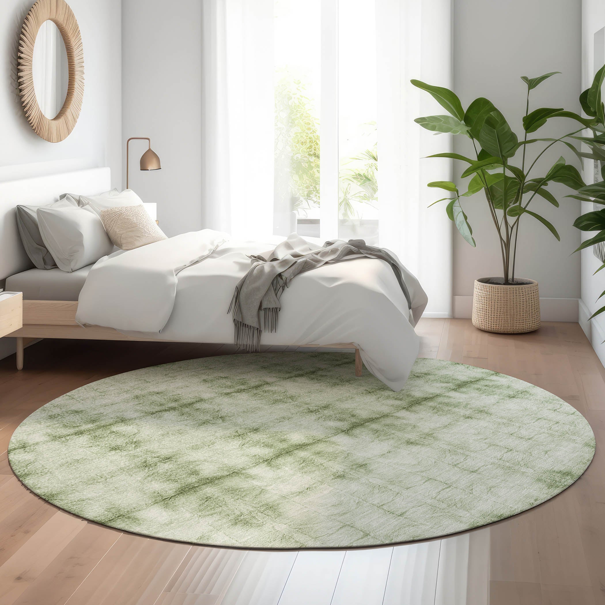 Reykjavik Machine Washable Transitional Sage Green Rug 8' x 8' #shape_Round