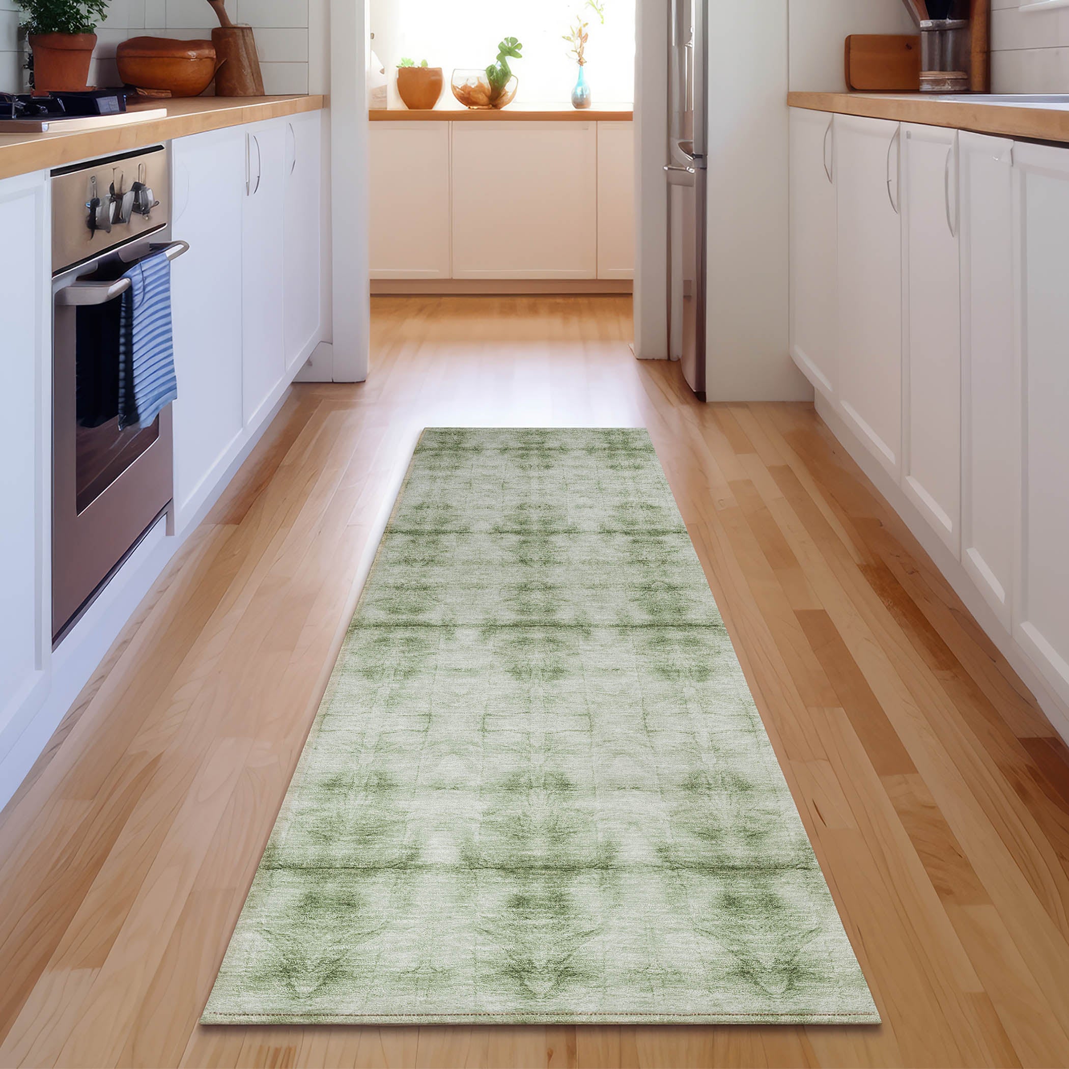 Reykjavik Machine Washable Transitional Sage Green Rug 2'3" x 7'6" #shape_Runner