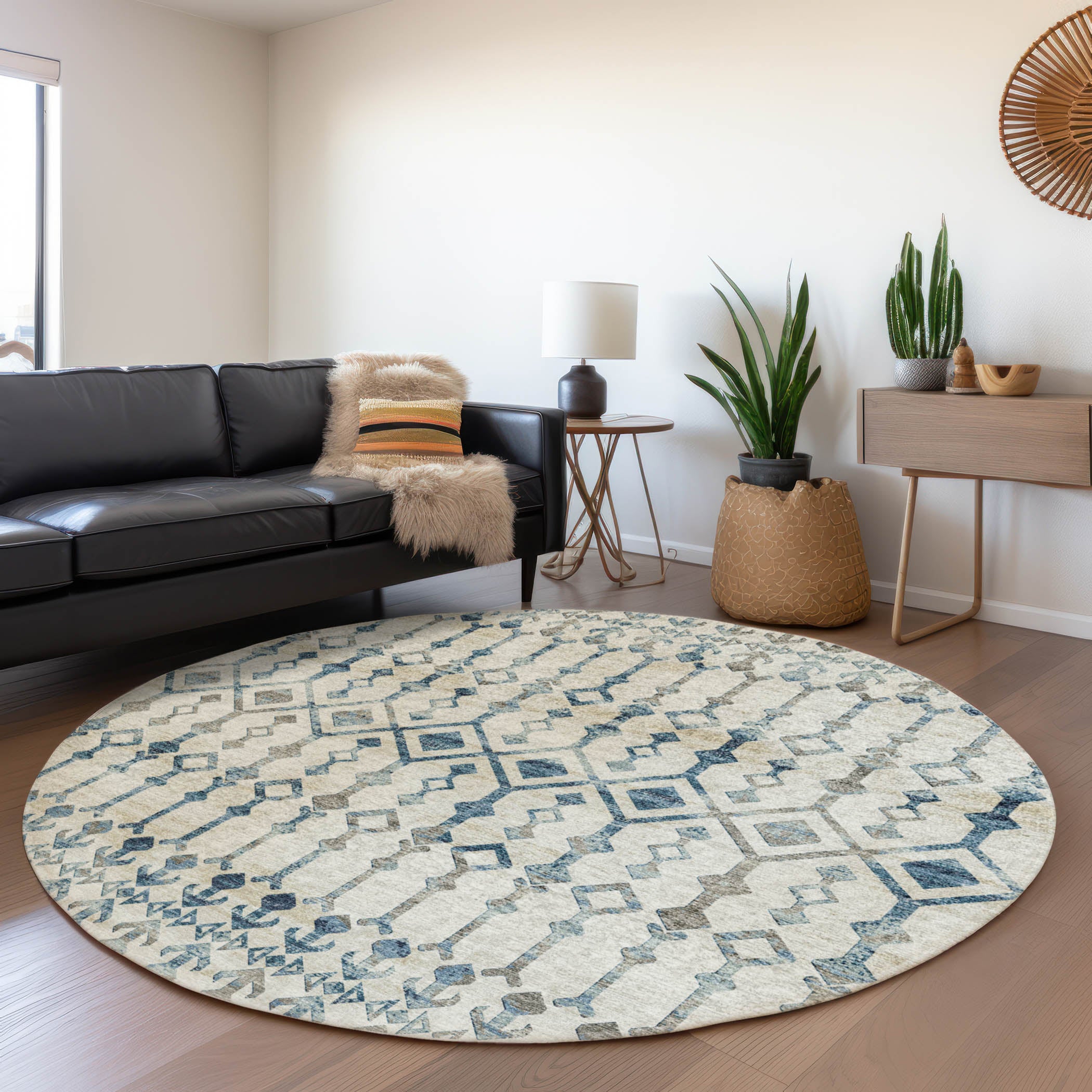Baku Machine Washable Transitional Ivory Blue Rug 8' x 8' #shape_Round