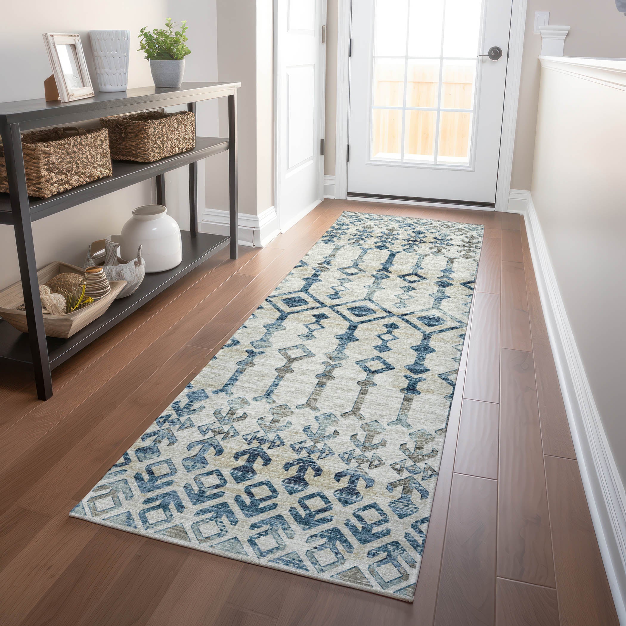 Baku Machine Washable Transitional Ivory Blue Rug 2'3" x 7'6" #shape_Runner