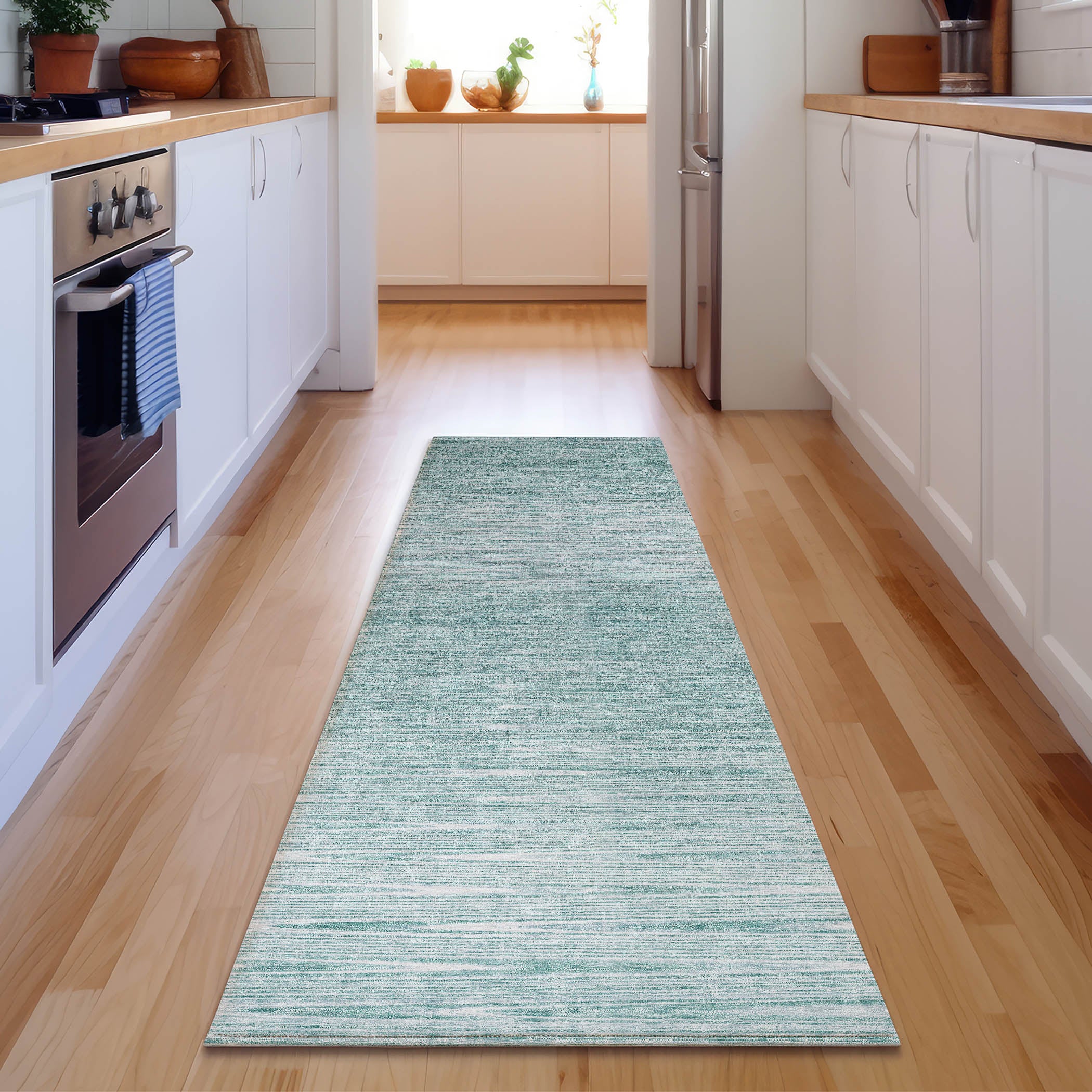Budapest Machine Washable Transitional Aqua Teal Rug 2'3" x 7'6" #shape_Runner